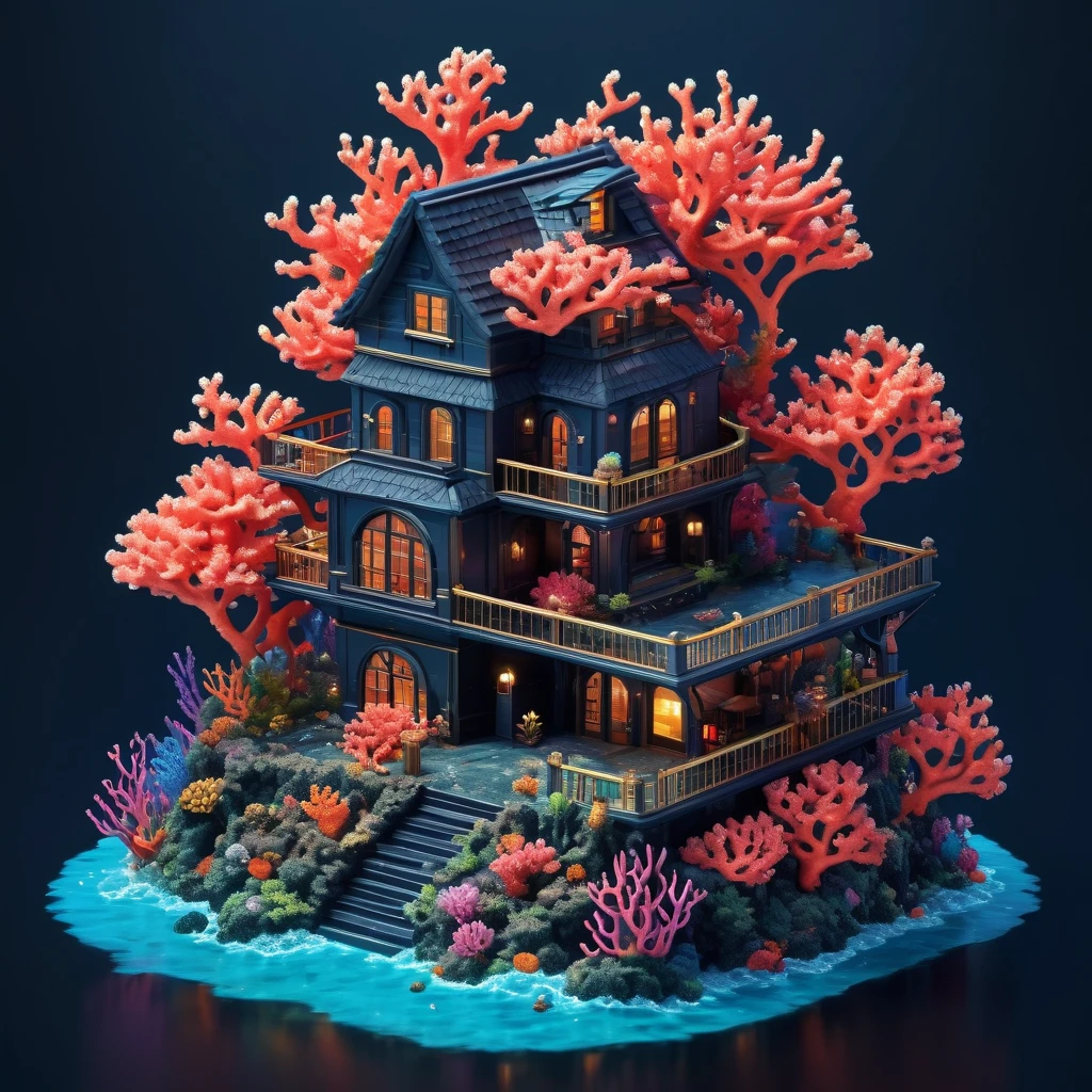 Isometric, a house made of coral, dark fantasy, oceancore, sea bubbles, high quality, hyperdetalization