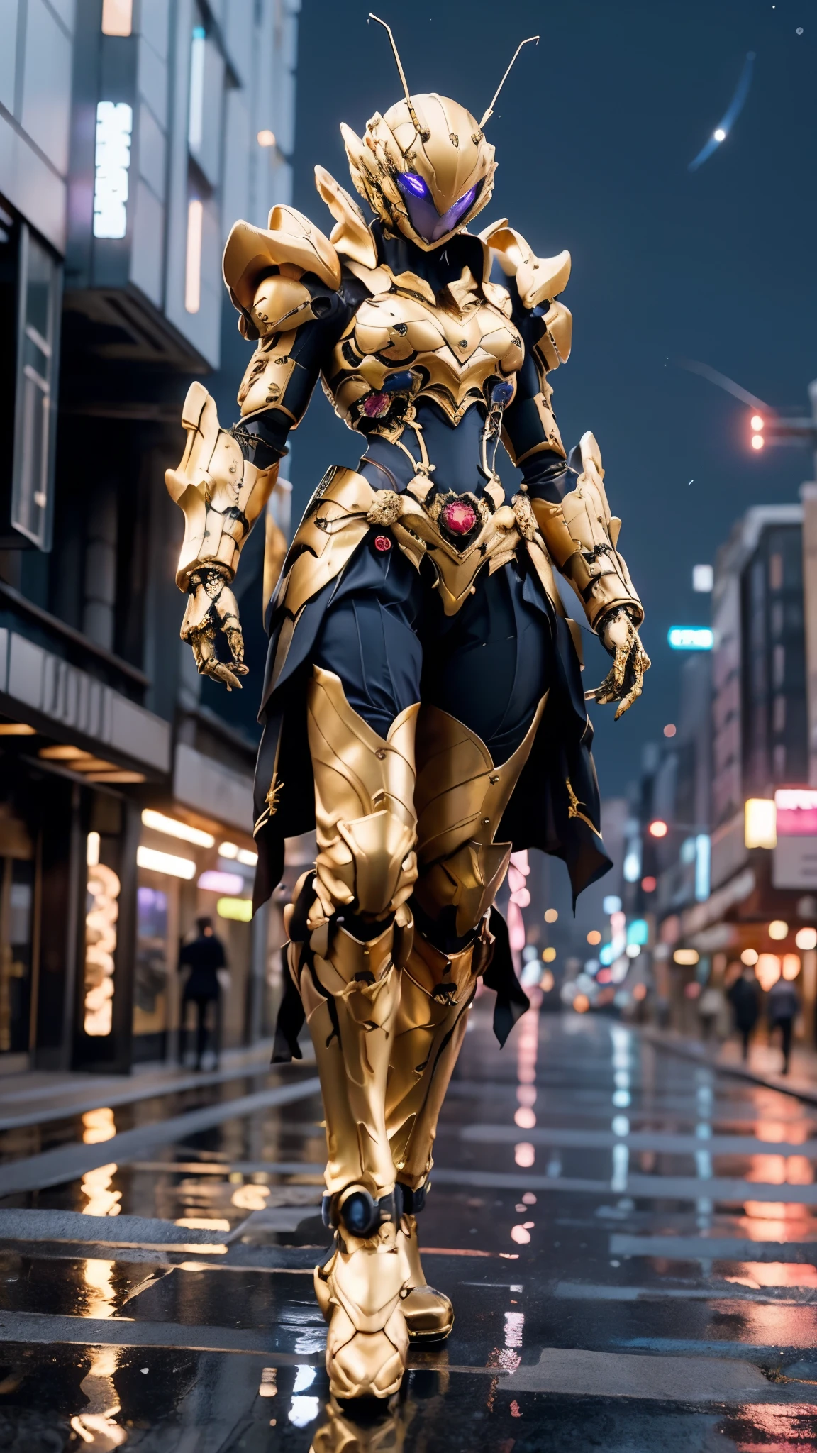 A woman adorned in fantasy-style full-body armor, a crown-concept fully enclosed helmet that unveils only her eyes, a composite layered chest plate, fully encompassing shoulder and hand guards, a lightweight waist armor, form-fitting shin guards, the overall design is heavy-duty yet flexible, ((the armor gleams with a golden glow, complemented by red and blue accents)), exhibiting a noble aura, she floats above a fantasy-surreal high-tech city, this character embodies a finely crafted fantasy-surreal style armored hero in anime style, exquisite and mature manga art style, (Queen bee mixed with Spider concept Armor, photorealistic:1.2, real texture material:1.2), ((night sky, city night view, elegant, goddess, femminine:1.5)), Unreal Engine 5, metallic, high definition, best quality, highres, ultra-detailed, ultra-fine painting, extremely delicate, professional, anatomically correct, symmetrical face, extremely detailed eyes and face, high quality eyes, creativity, RAW photo, UHD, 32k, Natural light, cinematic lighting, masterpiece-anatomy-perfect, masterpiece:1.5