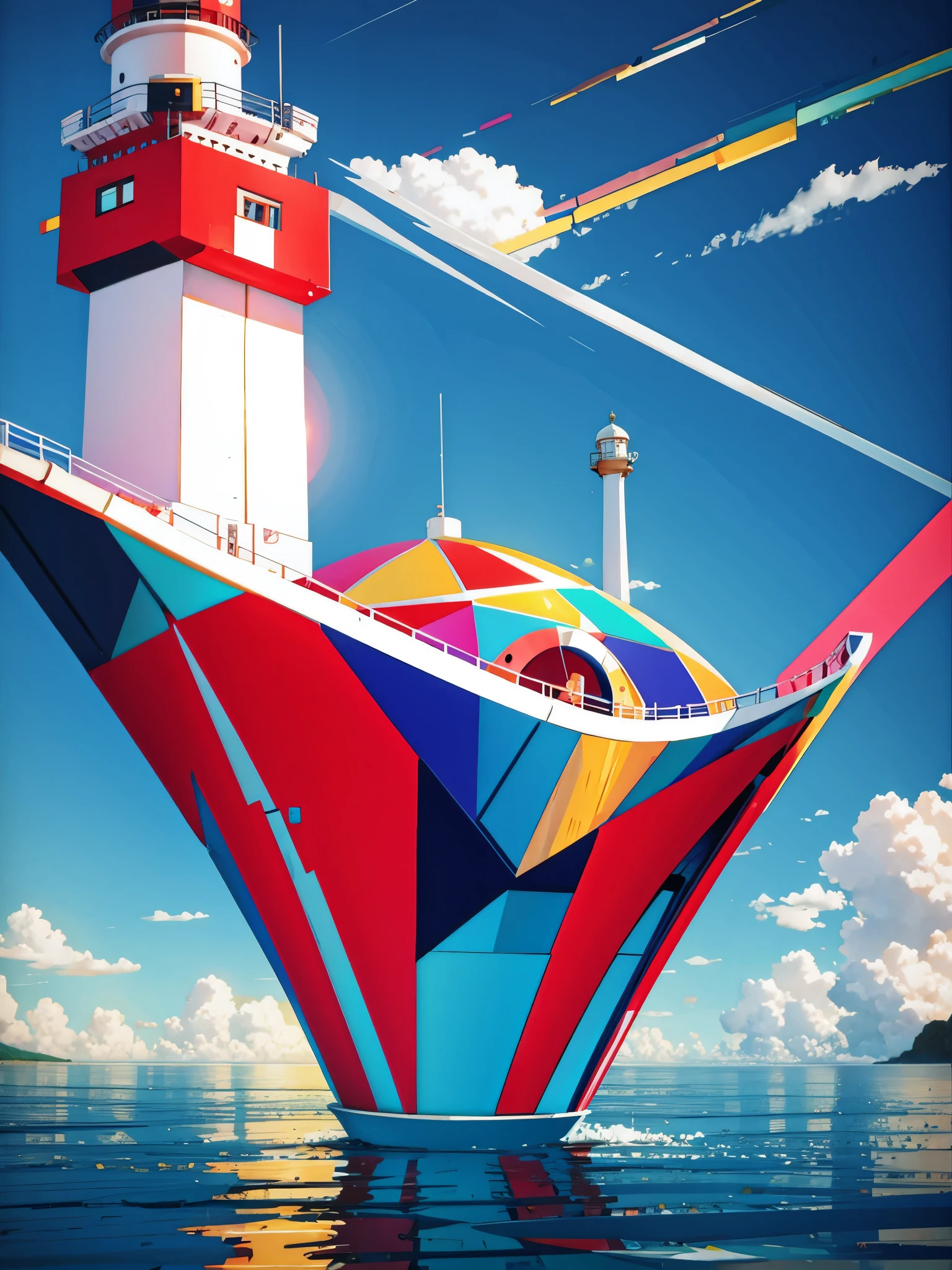 geometric art, light house, ocean, island, colorful, glitch, high detail, anime, Surrealism, cinematic lighting, god rays, glowing light, ray tracing, reflection light, bokeh, UHD, masterpiece, ccurate, highres, 8k