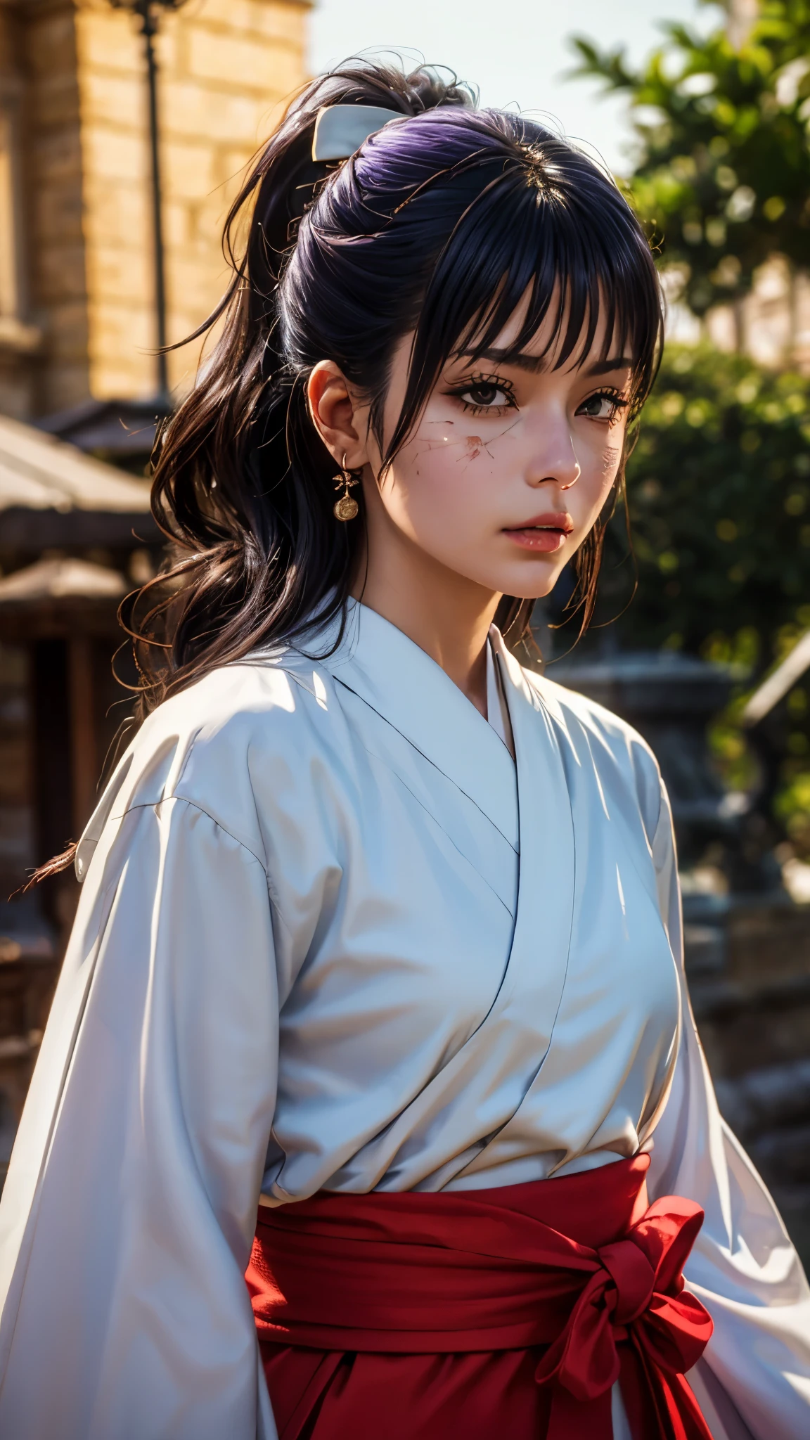 photorealistic, (4k), depth of field, (Masterpiece), (realistic skin texture), extremely detailed, intricate, hyper detailed, professional photography, bokeh, high resolution, sharp detail, best quality, woman, long hair, purple hair, ponytail, brown eyes, scar on face, white hairbow, red hakama, aUtahime, dynamic pose, (feminine pose),  