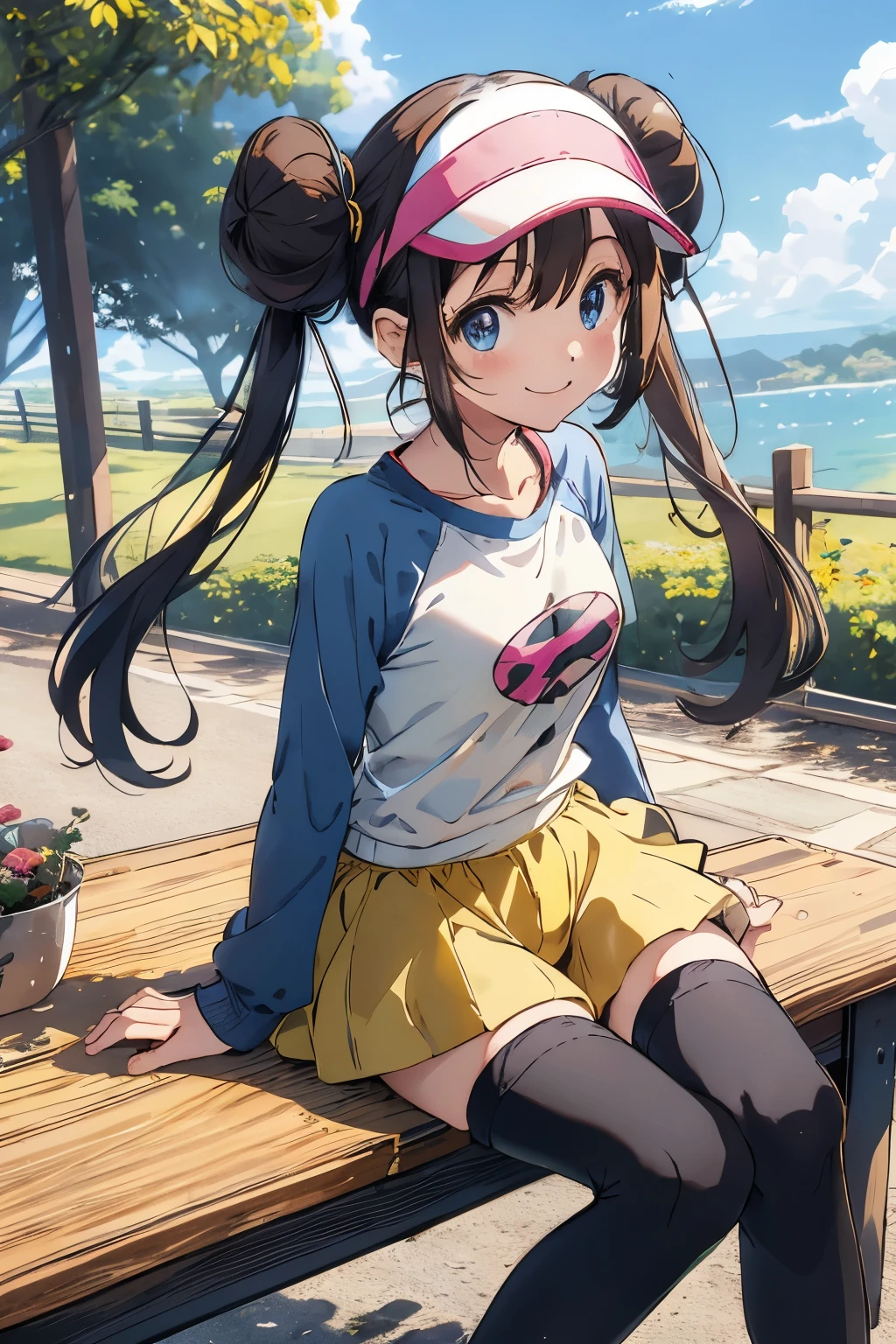 table top、highest quality、High resolution、1 girl、solo、short height、thin legs、shy smile、tits、dark brown hair, bun hair blue eyes、long twin tails、visor cap、((black knee socks))、raglan sleeves、yellow shorts、shirt、pink ribbon、clock、outdoors、A photo of the subject viewed from below