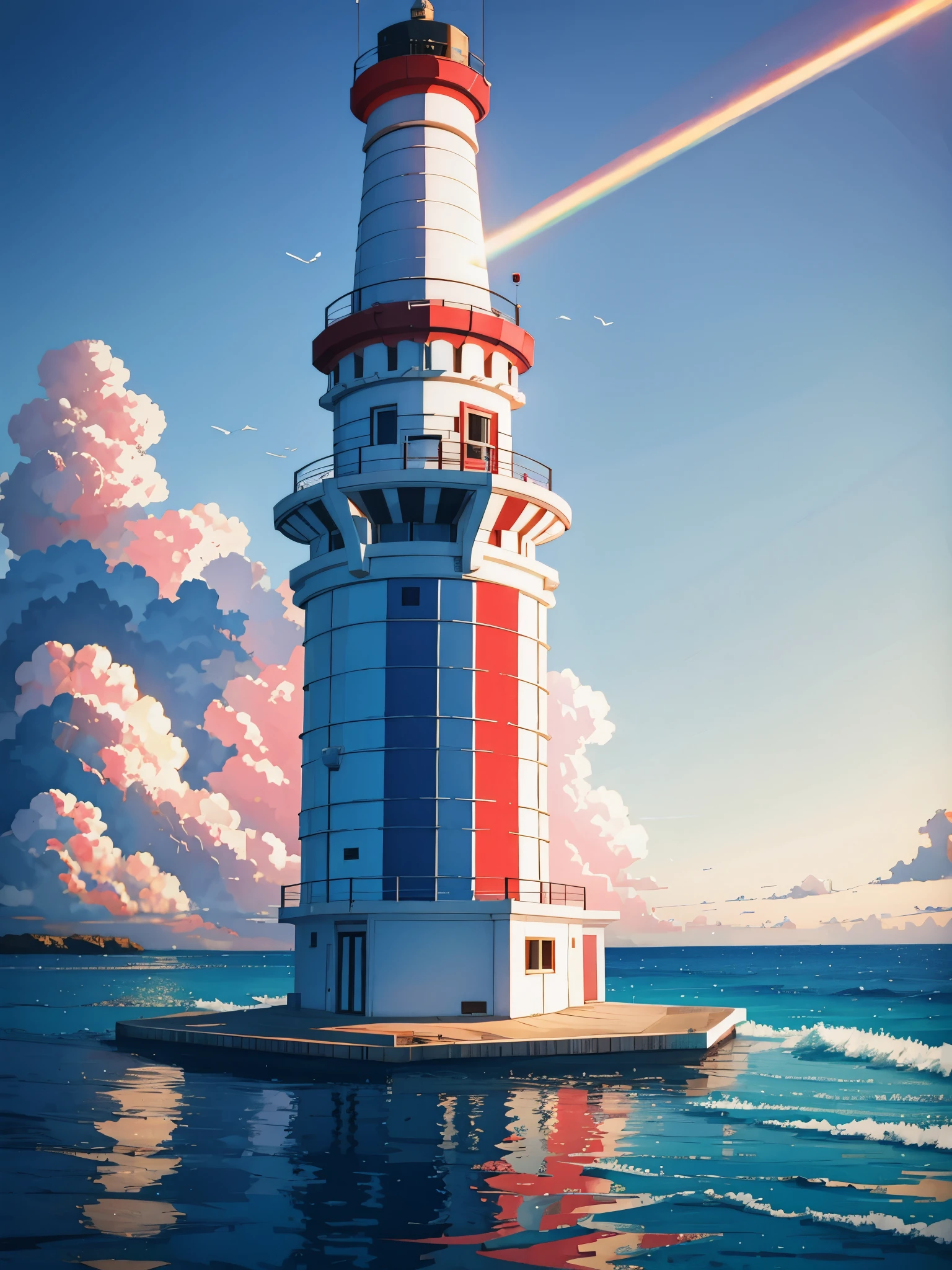 geometric art, light house, ocean, island, colorful, glitch, high detail, anime, Surrealism, cinematic lighting, god rays, glowing light, ray tracing, reflection light, bokeh, UHD, masterpiece, ccurate, highres, 8k