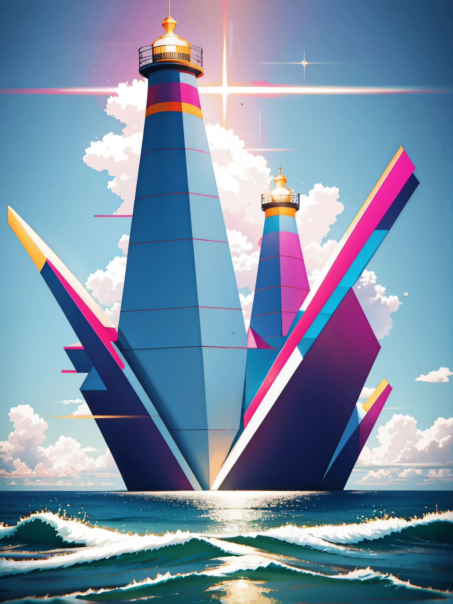 geometric art, light house, ocean, island, colorful, glitch, high detail, anime, Surrealism, cinematic lighting, god rays, glowing light, ray tracing, reflection light, bokeh, UHD, masterpiece, ccurate, highres, 8k