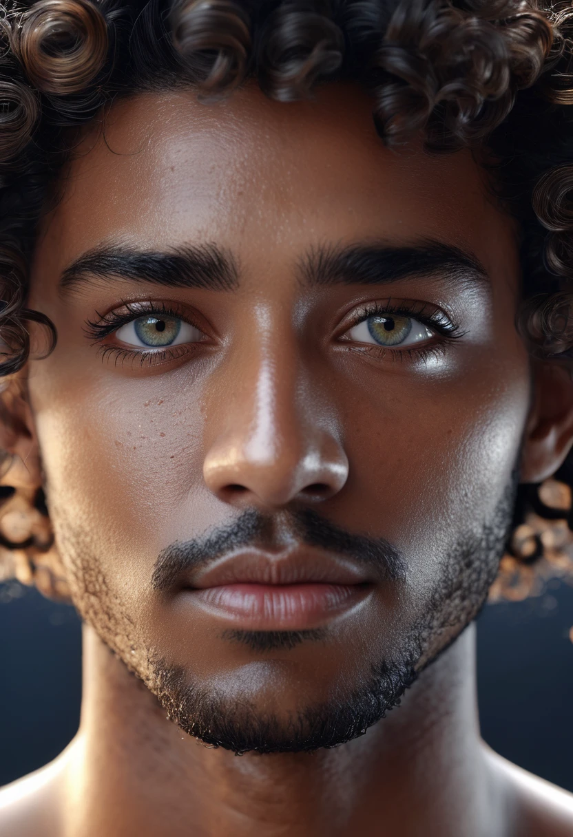 an celestial emperor, dark skin, curly hair, grey eyes, very beautiful,  realistic, insanely realistic, coverbook, 8K, realistic.HD, 4K, HD, De vrais visages, Cinematography L&#39;image doit avoir un rapport hauteur/largeur de 1:1.6, et mesurez au moins 2,500 pixels on the longest side. Very detailled, like photograpy
