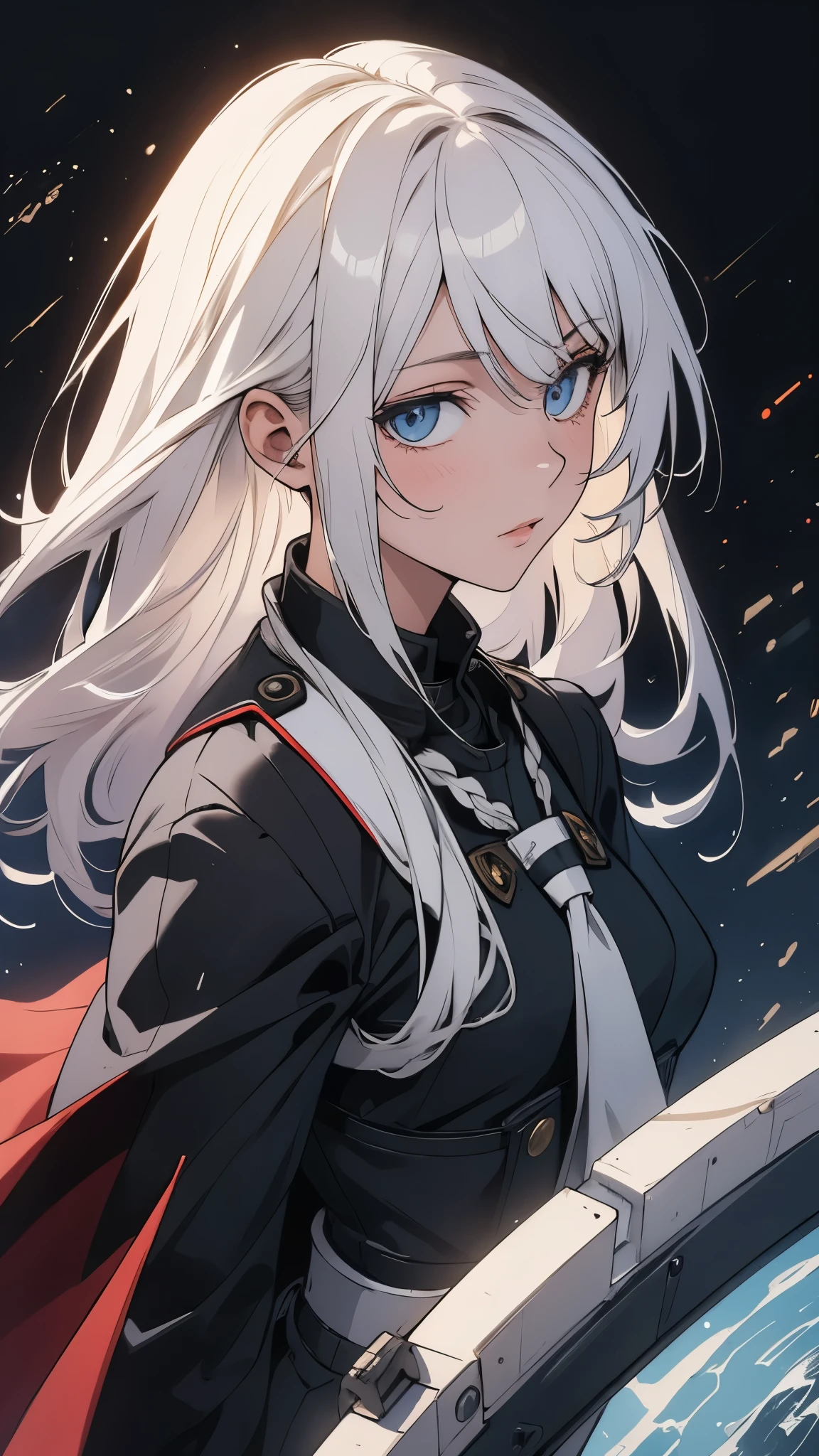 (extremely detailed CG unity 8k wallpaper), (masterpiece), (best quality), (ultra-detailed), (best illustration), (best shadow), (absurdres) ,(detailed eyes), 2b, 1girl, long hair, white hair, solo, Intimidating women, admiral uniform, night, hero pose, white clothes, General Uniform, Military Uniform, Sunlight, exposed to sunlight,commander, fighting pose, wearing cape, cyber city background