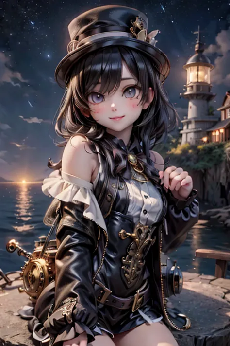 masterpiece, best quality, absurdress, a cute girl smiling watching a nearby lighthouse on a nearby cliff, steampunk flying mach...