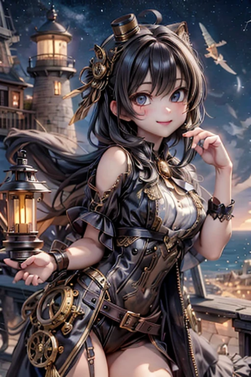 masterpiece, best quality, absurdress, a steampunk flying girl smiling watching a nearby lighthouse on a nearby cliff, steampunk flying machine, steampunk lighthouse, ((at night)), starry sky