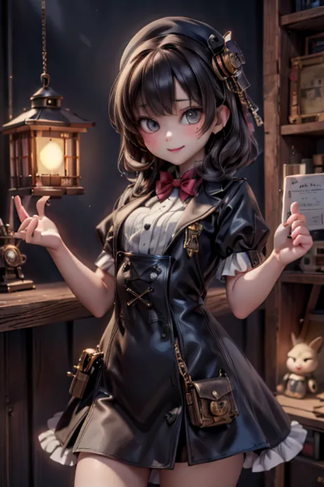 masterpiece, best quality, absurdress, a cute engineer smiling, steampunk clothing, holding a tiny lighthouse in her hand