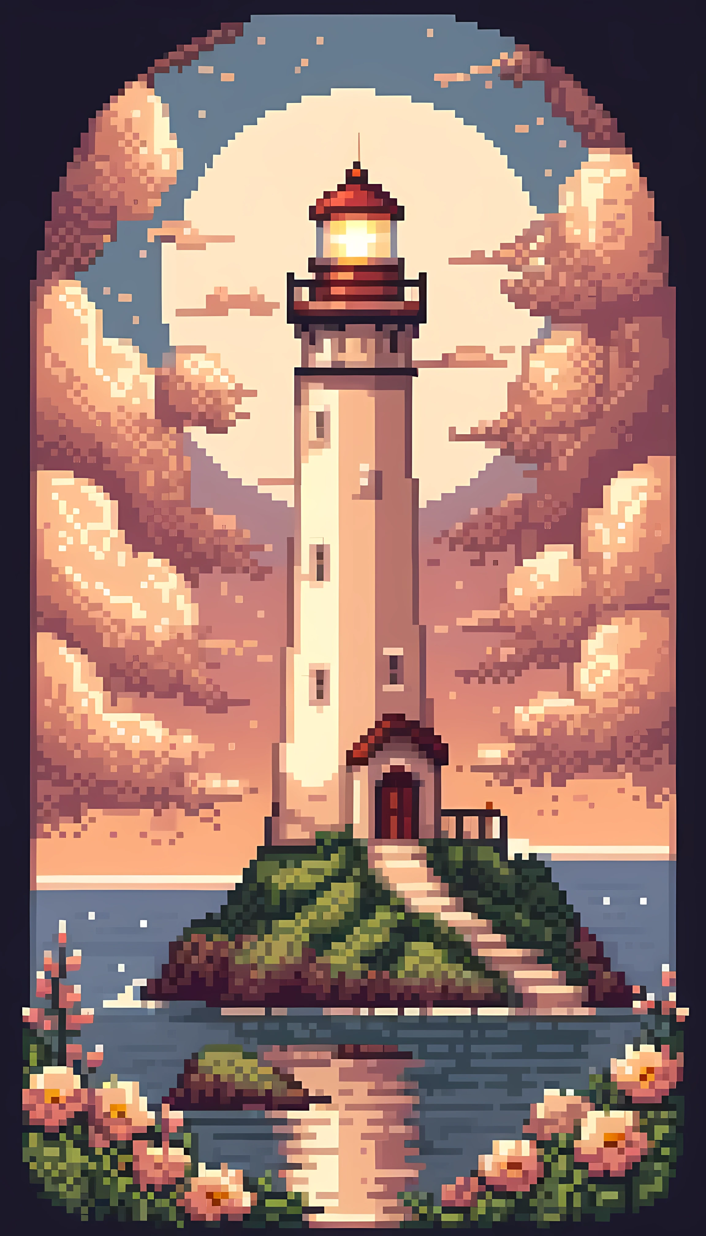 Pixel art, masterpiece in maximum 16K resolution, superb quality, a dreamy lighthouse featuring a towering structure with floral elements, intricate mechanisms, warm glowing light, romantic clouds, soft color palette, fine linework and embellishments, retro-futuristic design. | ((More_Detail))