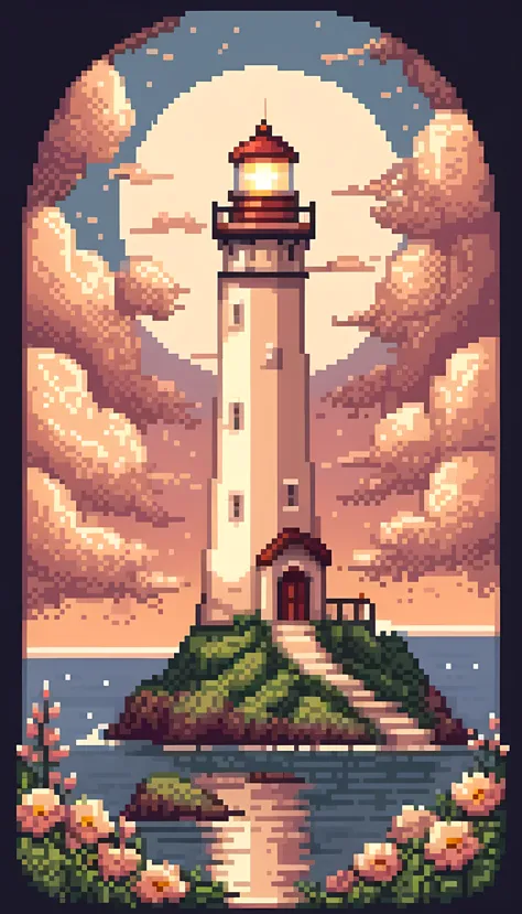 Pixel art, masterpiece in maximum 16K resolution, superb quality, a dreamy lighthouse featuring a towering structure with floral...