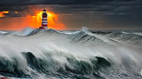 Protruding from a sea of cloud, the top lit by a red and white striped lighthouse. sea wind, rough sea, huge waves, black cloudy...