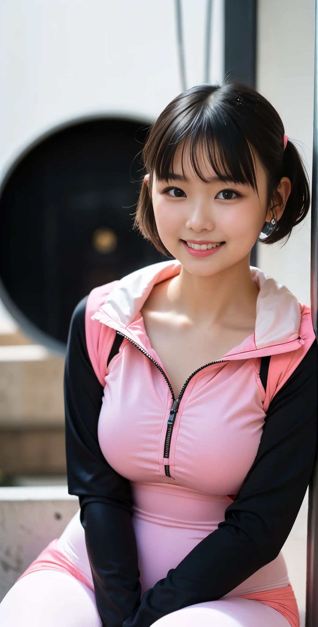 （8k、Raw photography、highest quality、masterpiece：1.2),(black haired、very short hair:1.8),(short twin tails:1.4)、show viewer,Looking at the front,erotic,white skin,(Wearing a bright pink plug suit:1.7)、()、(Clothing that emphasizes the shape of your chest、publish one&#39;Skin:1.6)、(big breasts :1.4)、slim body shape、ultra high resolution,beautiful,beautiful fece,(alone, no background:1.9),whole bodyボディー,japanese woman,（Photoreal：1.37）、photon mapping,reality、(Baby-faced and cute: 1.2)、(cute smile: 1.7)、(With a round face: 1.8)、radio city、Physically based rendering、depth of field rally background、photograph, (I can see your knees,close up of thighs:1.5),whole body、super fine