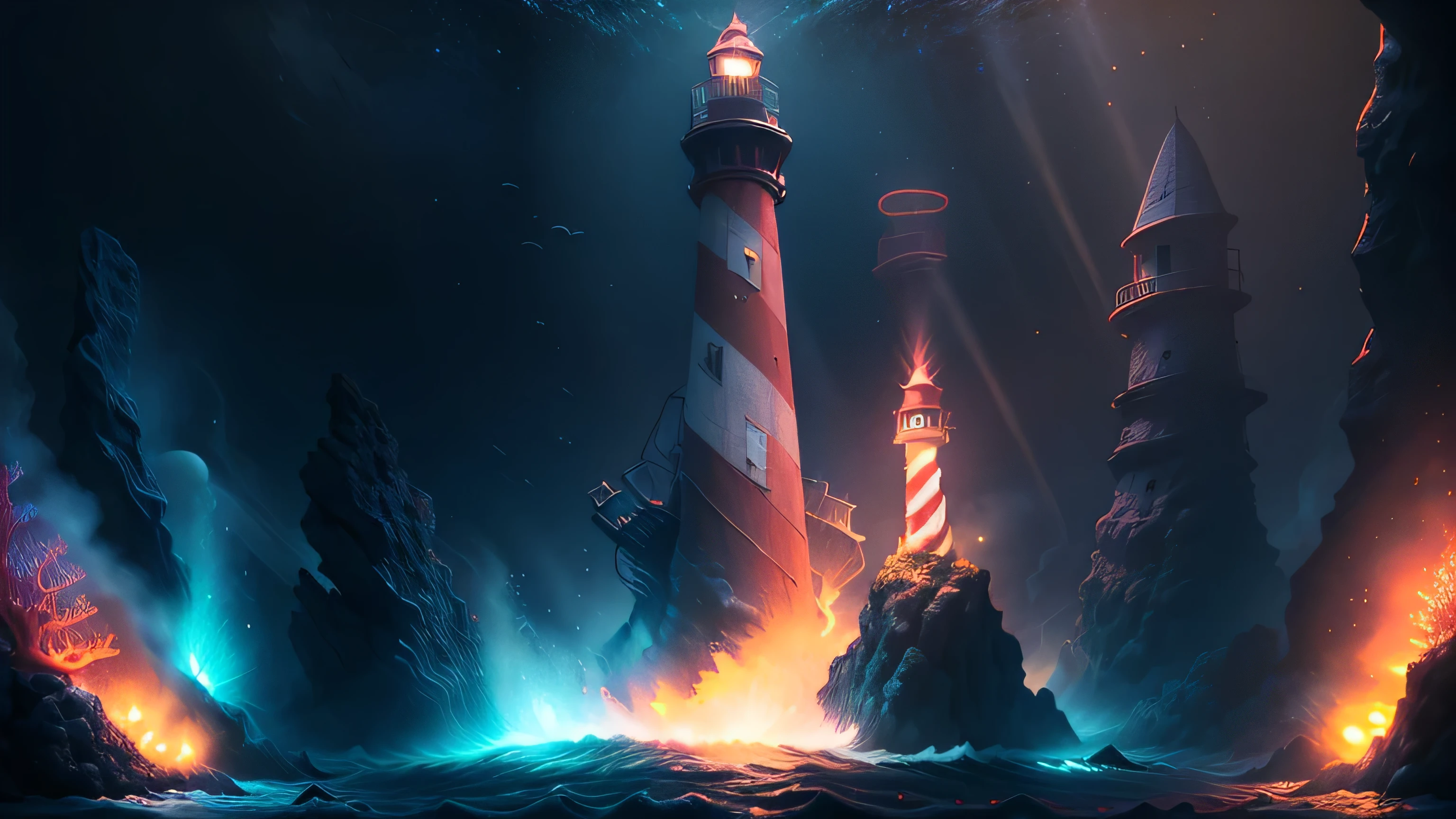 Under the sea a lighthouse, striped red and white, illuminates the seabed. sea wind, rough sea, huge waves, black cloudy sky, glowing sunset, best quality, masterpiece, extraordinary details, photography, HDR, 16K, high quality.