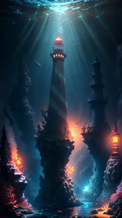 Under the sea a lighthouse, striped red and white, illuminates the seabed. sea wind, rough sea, huge waves, black cloudy sky, gl...