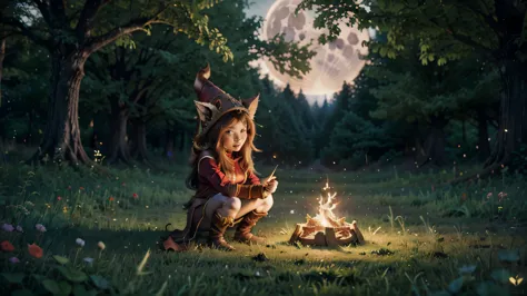 Magician Yordle Lulu (league of legend) in a forest, lit by the moon to enhance its authenticity. The composition artistically c...
