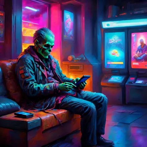 "step into a futuristic realm with this highly detailed illustration of an undead man relaxing and playing his 3ds. the vibrant ...