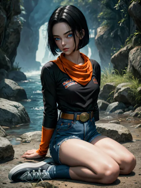 (masterpiece), best quality, expressive eyes, perfect face, highres, 1 girl, solo, android 17 girl, (female body:1.3), blue eyes...