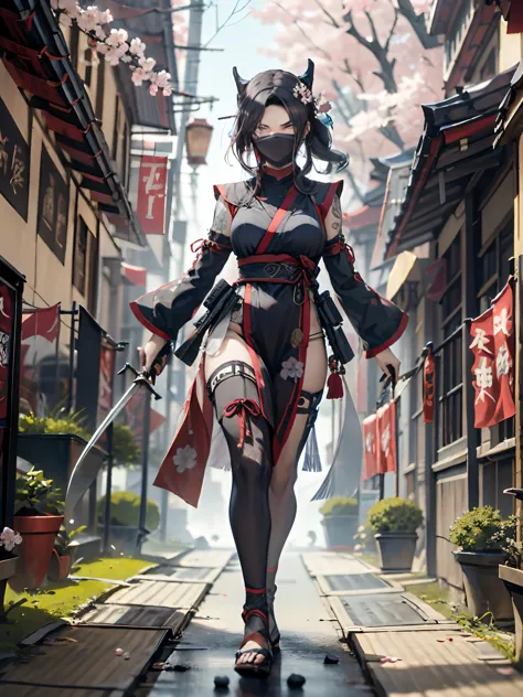 , Close Shot, focus on girl,Random Pose,Female ninja on the way to her enemy,sexy full body, ponnytail hair, Skull Drawing Mask,...
