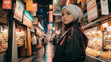 cyberpunk style, 1 female, malay female, malaysian female, dark skin, mira filzah, mira filzah face. background kuala lumpur, ni...