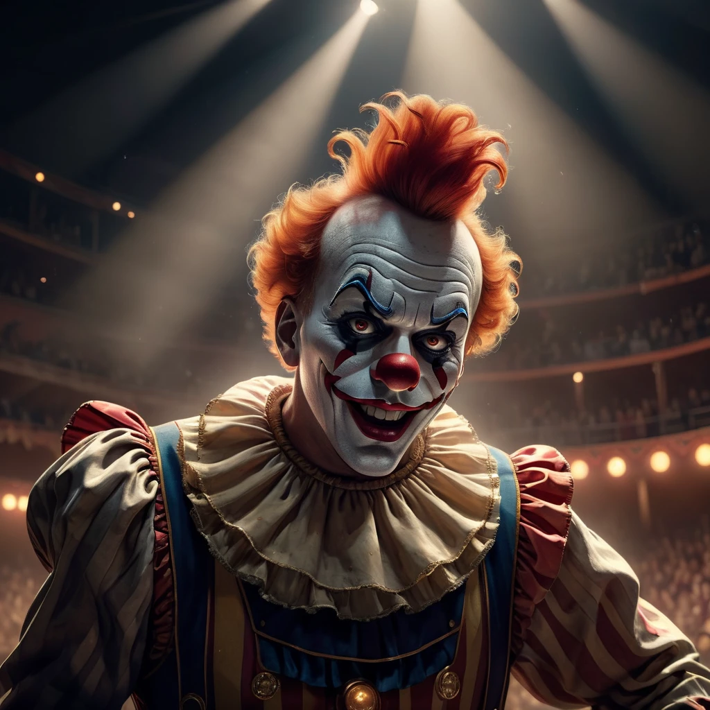 High Resolution, High Quality, Masterpiece. Only one a spotlight beam from the side and from above in a dusty smoky circus highlights a lone clown in the arena. 32k resolution, dramatic studio lighting, photorealistic concept art complemented by detailed acrylic techniques, intricate complexity, ultra HD, vivid colors, perfectly composed with soft, natural, volumetric, cinematic lighting, created in Unreal Engine, ultra hd, realistic, vivid colors, highly detailed, UHD drawing, pen and ink, perfect composition, beautiful detailed intricate insanely detailed octane render trending on artstation, 8k artistic photography, photorealistic concept art, soft natural volumetric cinematic perfect light, 32k ultra-resolution, soft natural light evoking cinematic