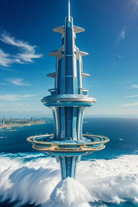 The flying city of futuristic city of Atlantis hovers 5,000 meters above the wild waves of the Atlantic Ocean among the clouds