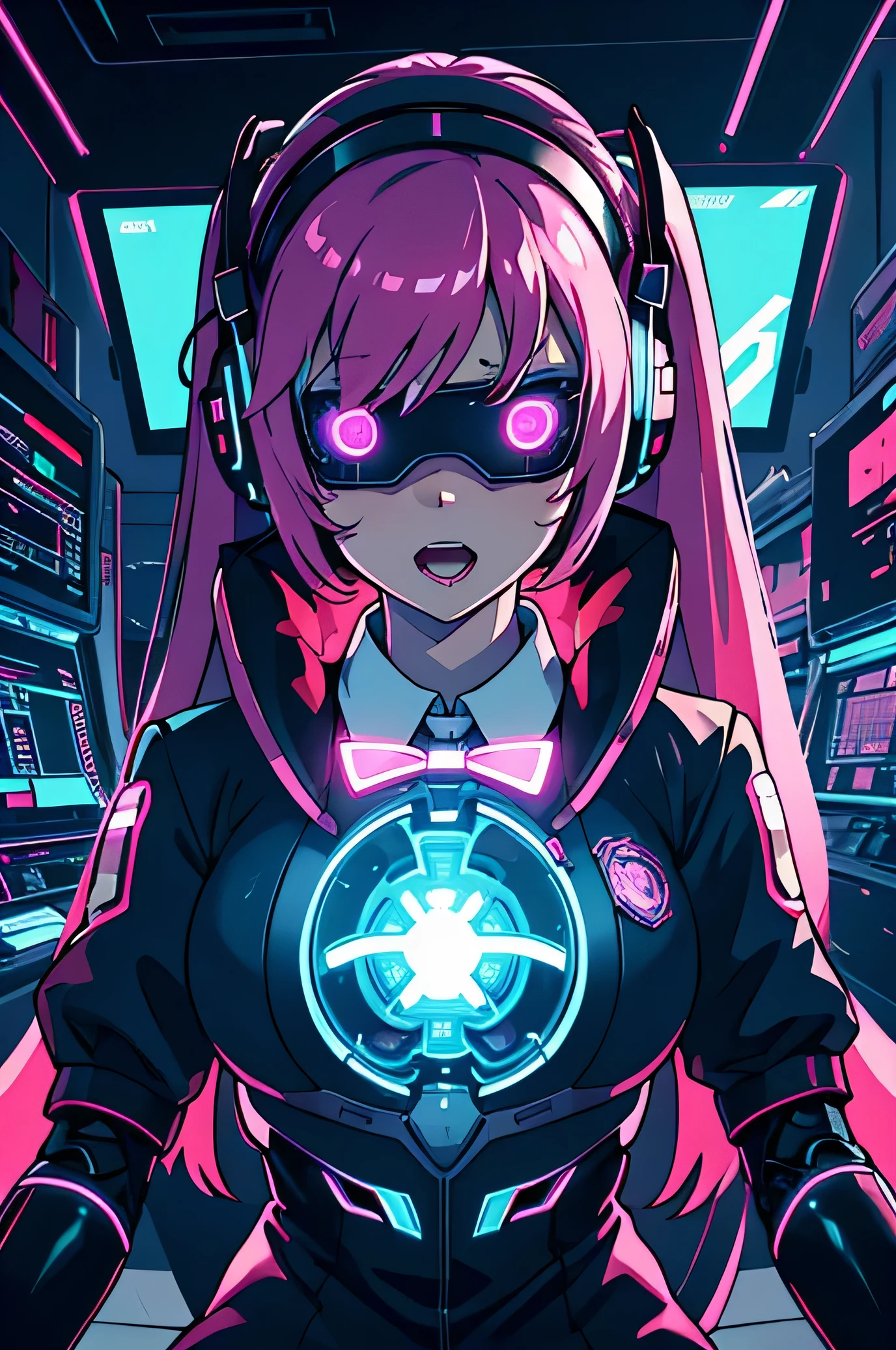 Anime cyborg girl sitting in a pilot seat wearing a virtual reality headset covering her eyes on her face with machinery and tubes and wires going inside her head and brain, (Best quality,highres:1.2), ultra-detailed, (realistic:1.3), cyberpunk, futuristic, portrait, shiny revealing latex outfit, cyber implants, virtual reality, drooling face, cables plugging into brain, shirt collar, bowtie, formal clothing, open mouth smile, facing viewer, girl is vibrating, glowing virtual reality headset, relaxed expression, blushing, cyber future formal wear, cyberpunk, futuristic, brain drain, cyber implants, virtual reality, drooling face, virtual reality headset covering eyes,  school uniform, big collar, high collar, open mouth smile, pleasured face expression, skin tight clothing, big shirt collar, big bowtie, biggest breasts in the world, light-emitting cable connected to brain, head antennas, oversized headphones, breasts are vibrating, open mouth drooling, pleasured expression, red face blush, cyborg, android, mechanical creature, mechanical torso, futuristic cyberpunk cyborg body, slim futuristic android, glowing lights on girls body, power cells, head is emitting pink light, formal shirt collar, big formal bowtie, school uniform, glowing nipples, big shirt collar, high collar, white collar, electrocution, girl being electrocuted, electricity, electricity sparks