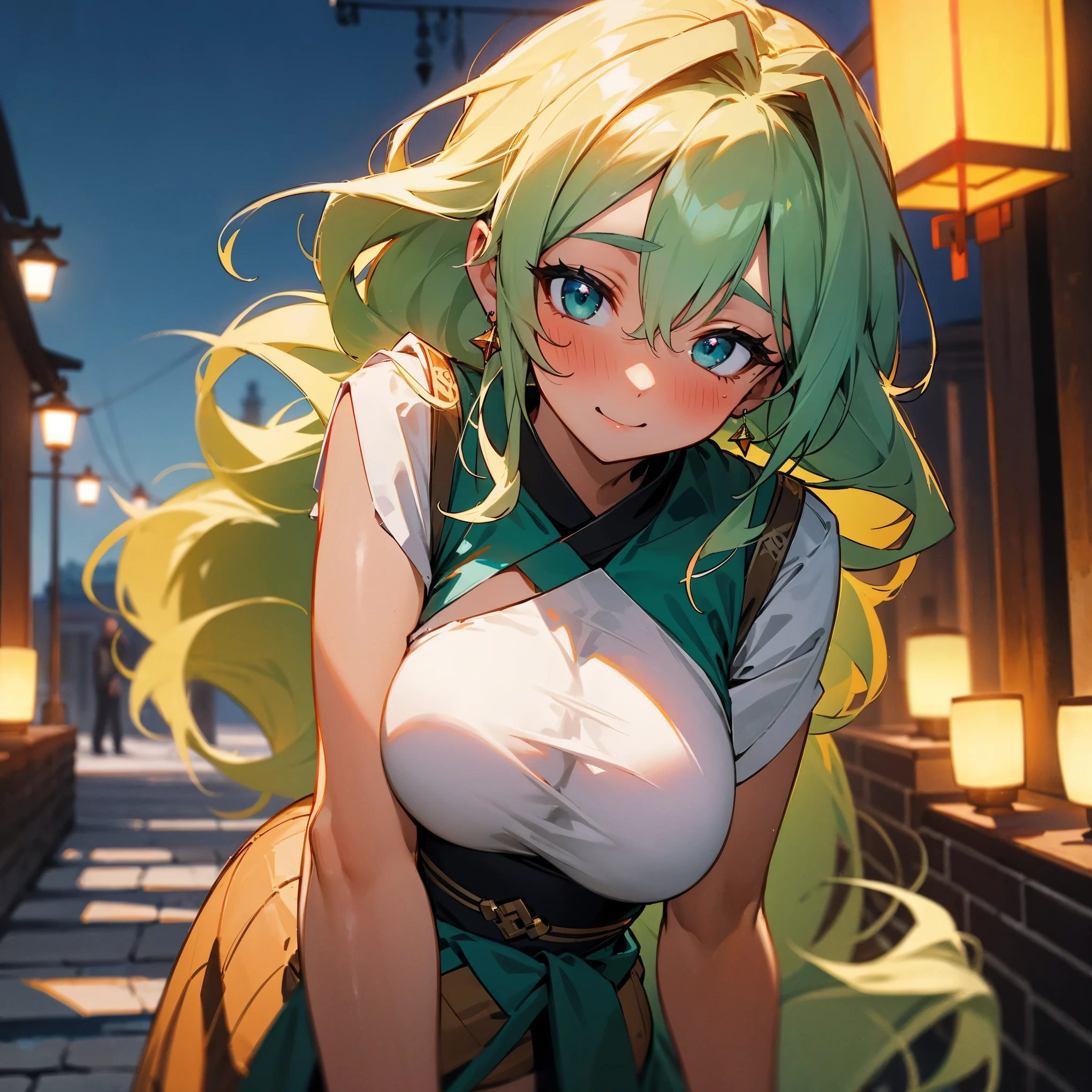 Anime girl with green hair and blue eyes posing in a street - SeaArt AI