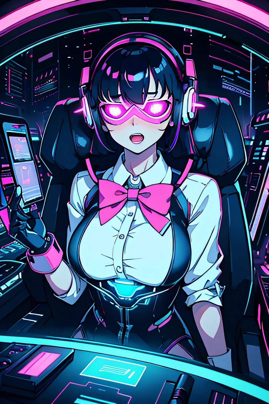 Anime cyborg girl sitting in a pilot seat wearing a virtual reality headset covering her eyes on her face with machinery and tubes and wires going inside her head and brain, (Best quality,highres:1.2), ultra-detailed, (realistic:1.3), cyberpunk, futuristic, portrait, shiny revealing latex outfit, cyber implants, virtual reality, drooling face, cables plugging into brain, shirt collar, bowtie, formal clothing, open mouth smile, facing viewer, girl is vibrating, glowing virtual reality headset, relaxed expression, blushing, cyber future formal wear, cyberpunk, futuristic, brain drain, cyber implants, virtual reality, drooling face, virtual reality headset covering eyes,  school uniform, big collar, high collar, open mouth smile, pleasured face expression, skin tight clothing, big shirt collar, big bowtie, biggest breasts in the world, light-emitting cable connected to brain, head antennas, oversized headphones, breasts are vibrating, open mouth drooling, pleasured expression, red face blush, cyborg, android, mechanical creature, mechanical torso, futuristic cyberpunk cyborg body, slim futuristic android, glowing lights on girls body, power cells, head is emitting pink light, formal shirt collar, big formal bowtie, school uniform, glowing nipples, big shirt collar, high collar, white collar, electrocution, girl being electrocuted, electricity, electricity sparks