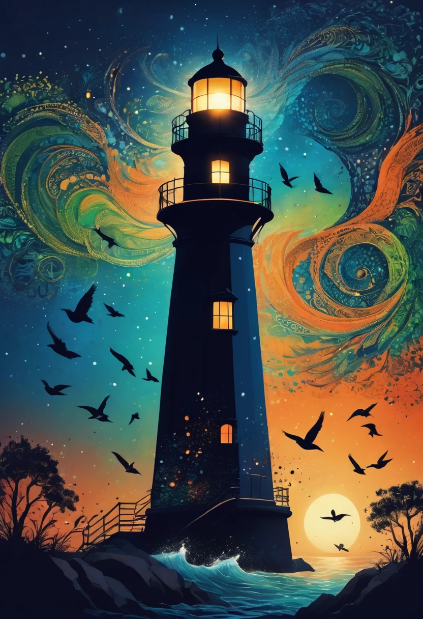 (best quality,highres:1.2),silhouette of a Lighthouse,colorful background,blue,orange,green,blurred,zentangle style,black,brown, crunch it, make it outstanding, the best emotive silhouette ever, sparkles, light explosions, flying birds, magical, thanks. By Tupu...lol...