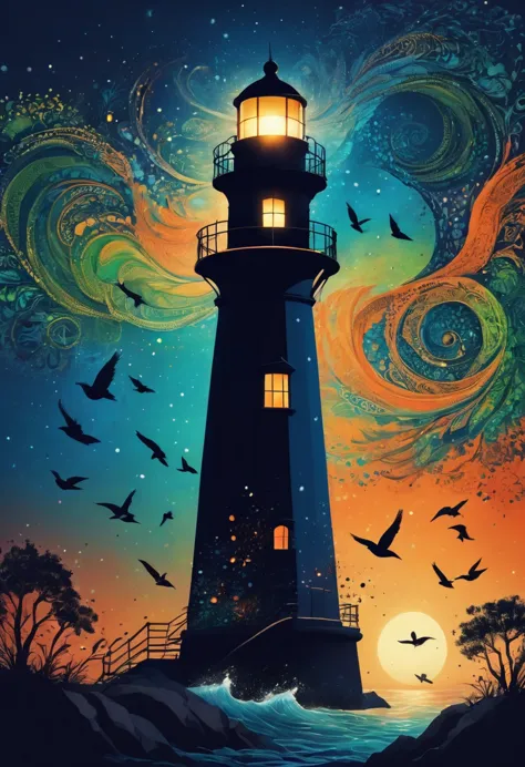 (best quality,highres:1.2),silhouette of a lighthouse,colorful background,blue,orange,green,blurred,zentangle style,black,brown,...