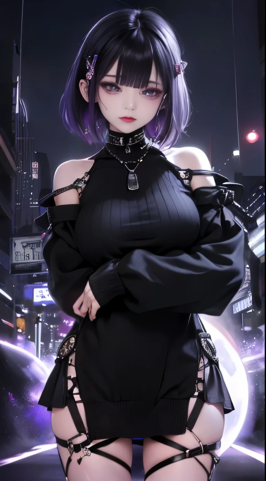 4K - ultra-vivid、highest quality, masterpiece, ultra high resolution, (reality: 1.4),  16 year old girl, purple eyes, Off-the-shoulder sweater dresses, cinematic lighting、purple and black hair、(Mine Girl、goth makeup、my makeup)、(earrings、big breasts、Oversized black T-shirt with open shoulders、dark mini skirt)、((dark makeup、oil skin,glowing skin、realistic skin texture、fine and beautiful skin、shiny skin)), Dark downtown at night、night、blue film photography、Kabukicho、Dark Cyberpunk、(full shot:1.8)、thin legs、thin arms、thin shoulders、thin waist、slender body、big breasts、whole body、(JAV cover: 1.8)