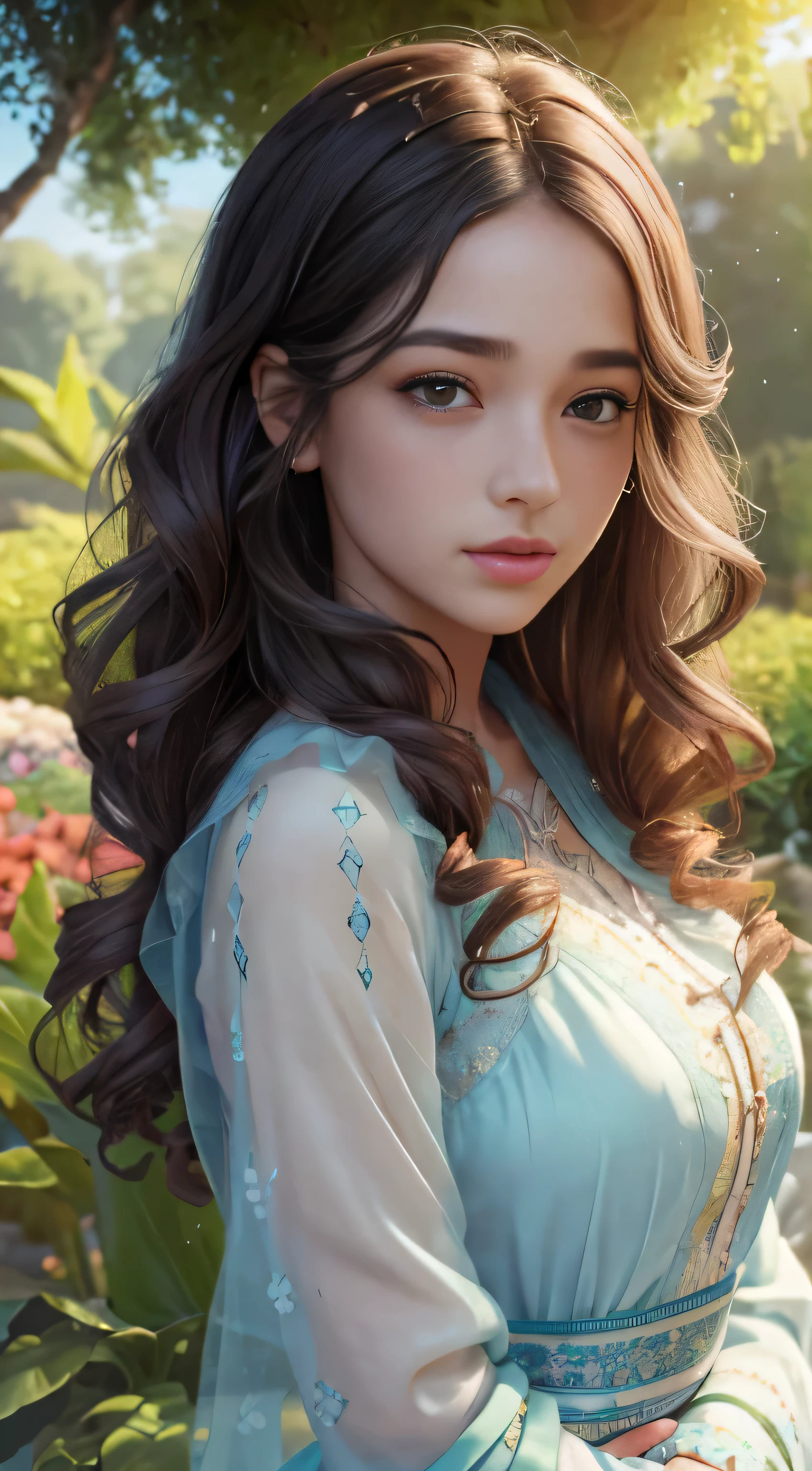 1girl standing in a lush garden, surrounded by vibrant flowers, with a serene expression on her face. This masterpiece in best quality CG Unity 8k wallpaper showcases her beautiful, extremely detailed features. Her hair cascades down in luscious curls, each strand meticulously rendered. Her eyes, with their mesmerizing depth, sparkle under the soft sunlight. Her skin is blemish-free, with intricately detailed pores and tiny freckles. Her lips are plump and perfectly defined, with a subtle sheen. Her outfit is perfectly tailored, every stitch and wrinkle depicted in stunning detail. Delight in the hyper-realistic