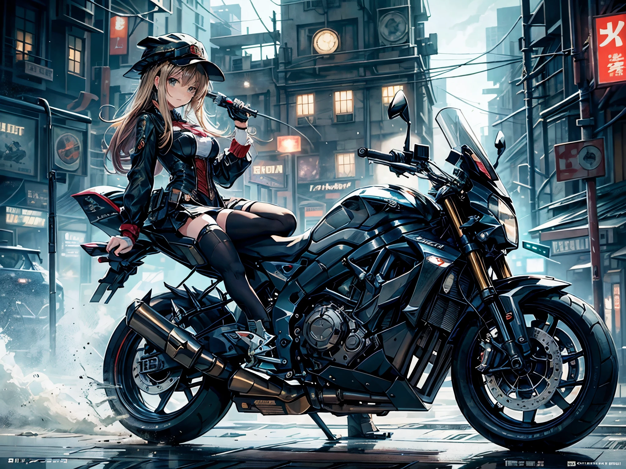 (Comic-Stil),(Strichzeichnung_Anime-Serie),(Cowboy-Schuss, höchste Qualität, ),(Laura Budd Foto:1.2),(Laura Details hinzufügen:1.0),8k, flache Farbe:0.8,(1 Mädchen,Lächeln 1.5)、(1 rittlings auf einem Steampunk-Motorrad.5)、(Motorrad im klassischen Stil 1.5)、(Hochdekorative und komplexe mechanische Steampunk-Mode, Hut mit Delphin-Muster und Spitze、Schutzbrille 1.5、Maschinen-Hintergrund、Hintergrund der Ausrüstung、Komplexes mechanisiertes Steampunk-Stadtbild 1.5),