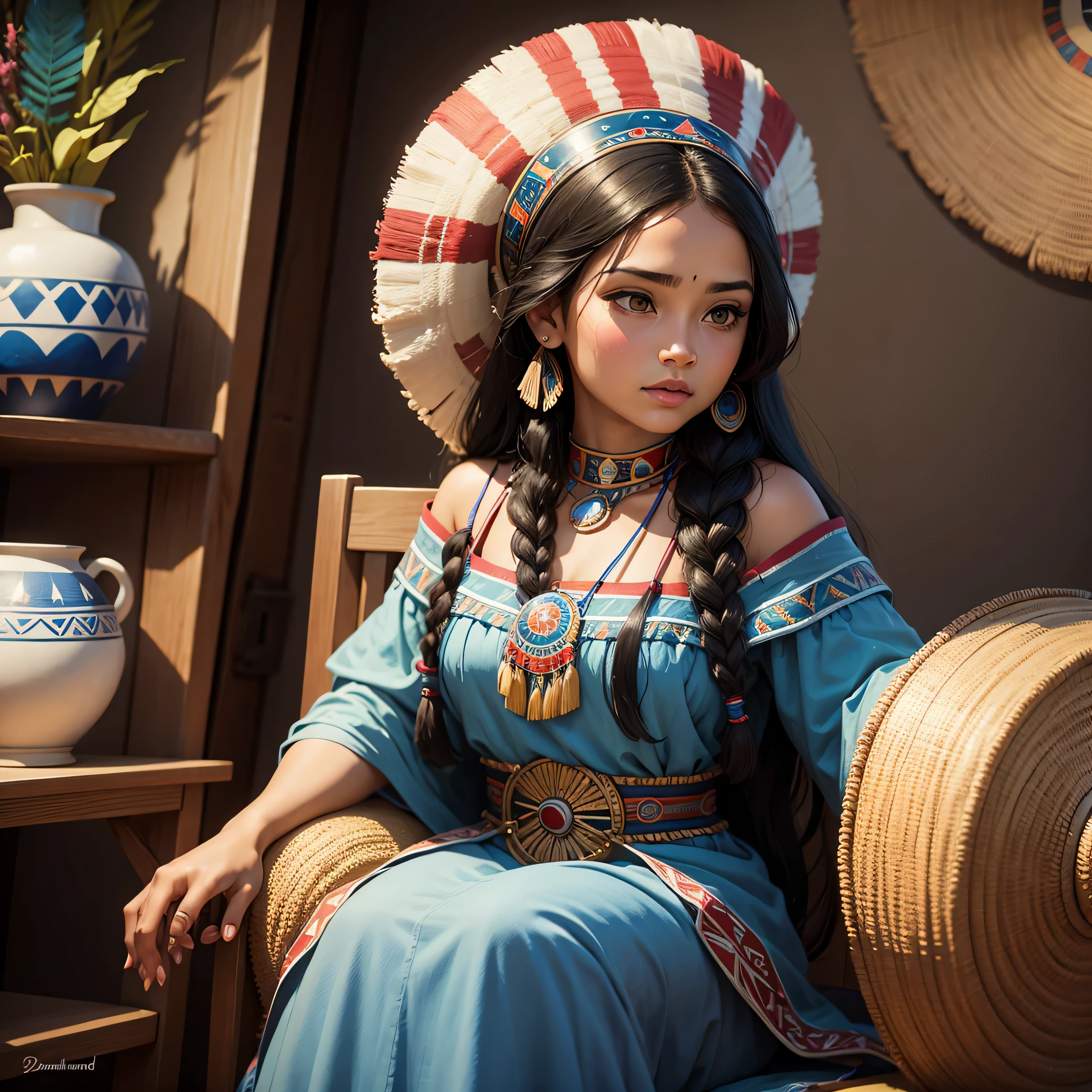 painting of a woman in a blue dress sitting next to a vase, native american art, aztec princess portrait, portrait of a young pocahontas, portrait of pocahontas, by Juan O'Gorman, native art, mayan priestess, native american, beautiful character painting, by David B. Mattingly, by Randy Gallegos, hildebrandt