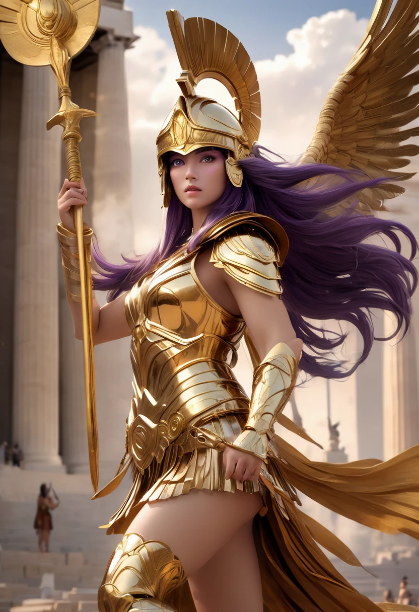  Greek goddess Athena, purple hair, wearing golden hoplite armor with helmet, attacking pose, wielding a sear, looking at the viewer, wise, impressive, seductive eyes, in front of the Parthenon, drawn in the style of Yoshitaka Amano, high res, ultrasharp, 8K, masterpiece
