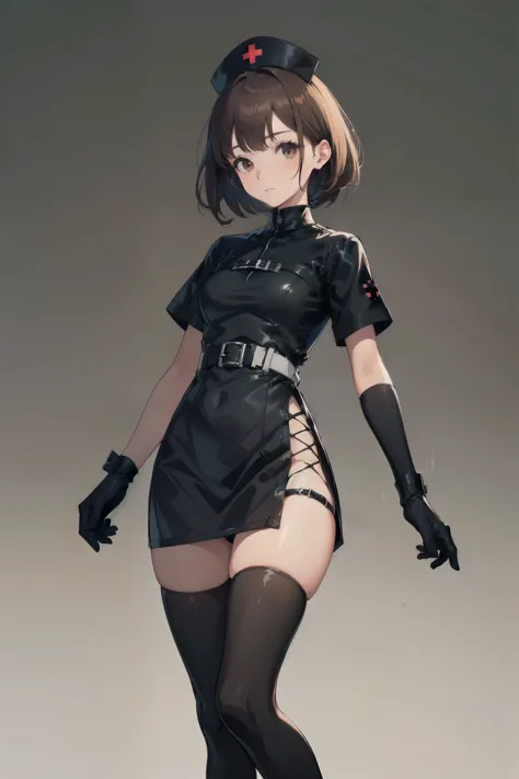 black nurse, 1 female, alone, black nurse cap, Blackware, ((black legwear, zettai ryouiki)), black elbow gloves,brown hair, brow...