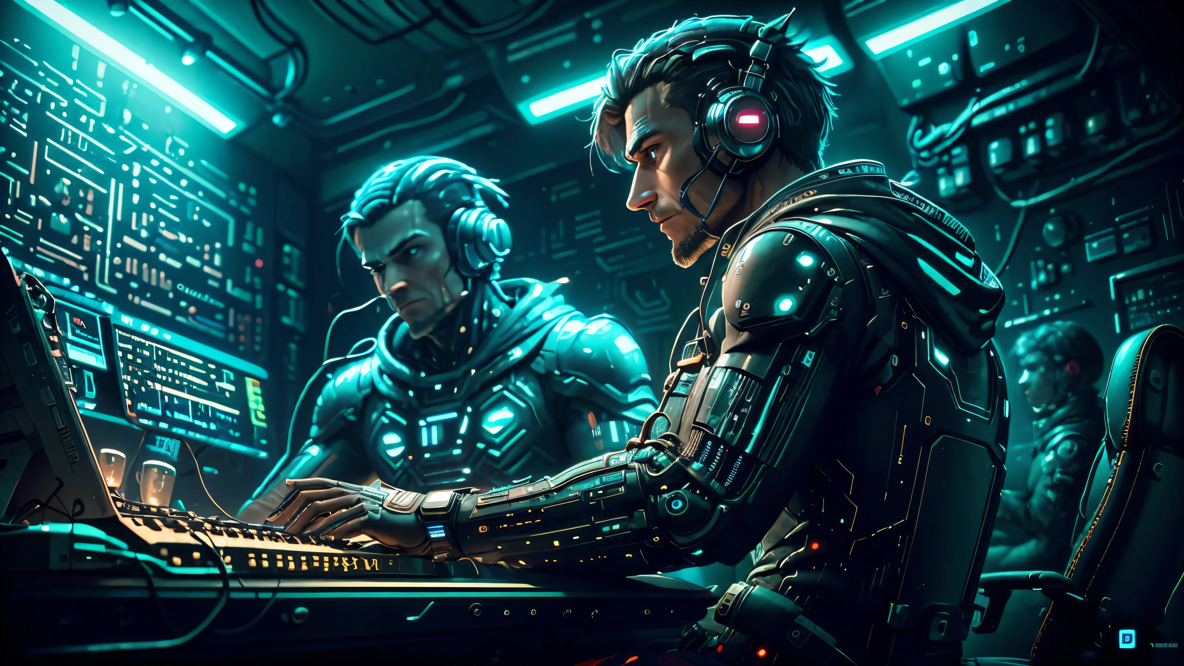 realistic, Cinematic, High quality: a man wearing robotic prosthetics sits in front of a MIDI keyboard and a computer. Ils sont dans un studio d&#39;enregistrement cyberpunk, a room with cables and pipes, with a synthesizer hanging on the wall. Langue cible, Atmosphère, vaisseau spatial futuriste, Photo de profil prise