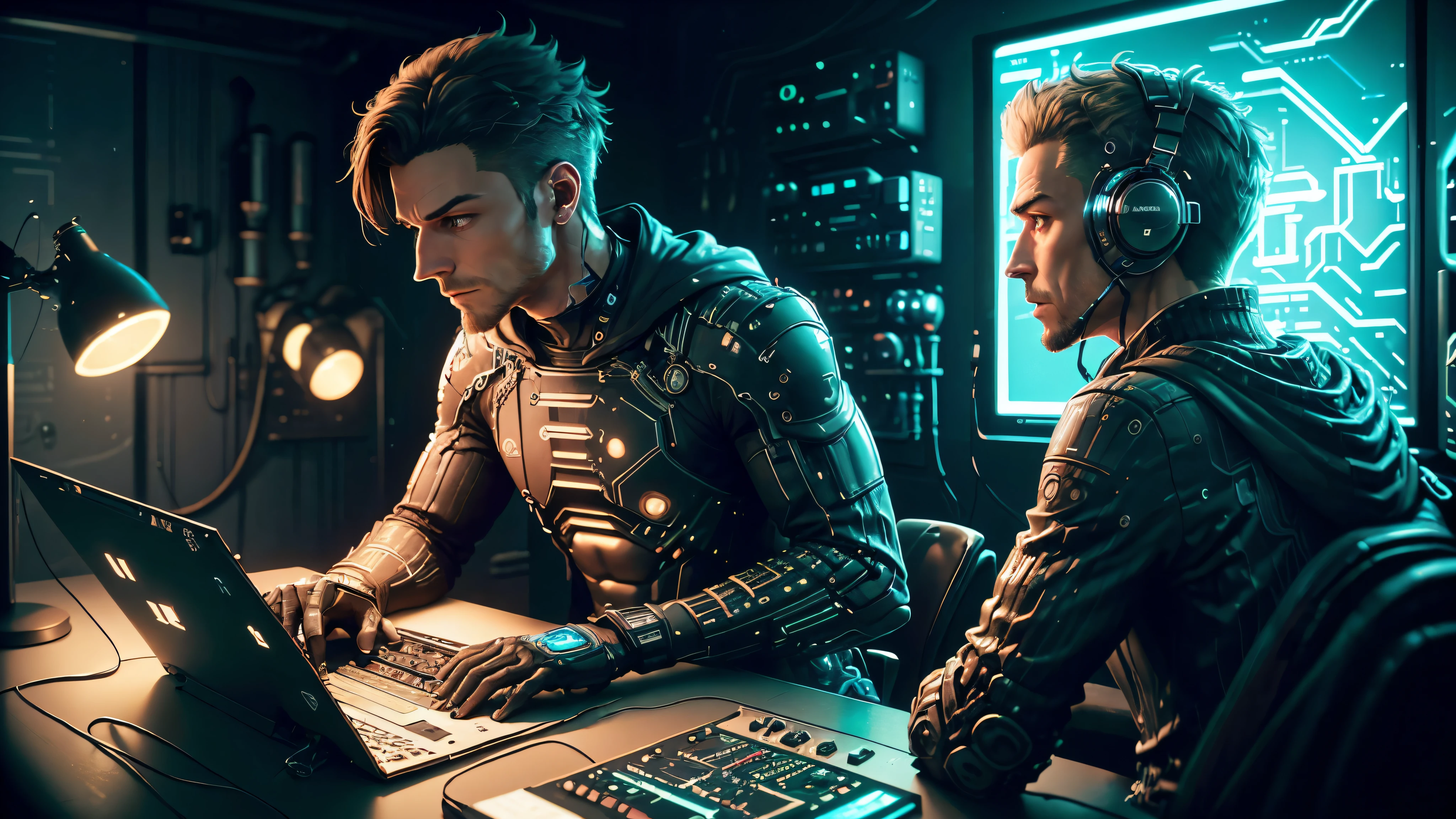 realistic, Cinematic, High quality: a man wearing robotic prosthetics sits in front of a MIDI keyboard and a computer. Ils sont dans un studio d&#39;enregistrement cyberpunk, a room with cables and pipes, with a synthesizer hanging on the wall. Langue cible, Atmosphère, vaisseau spatial futuriste, Photo de profil prise