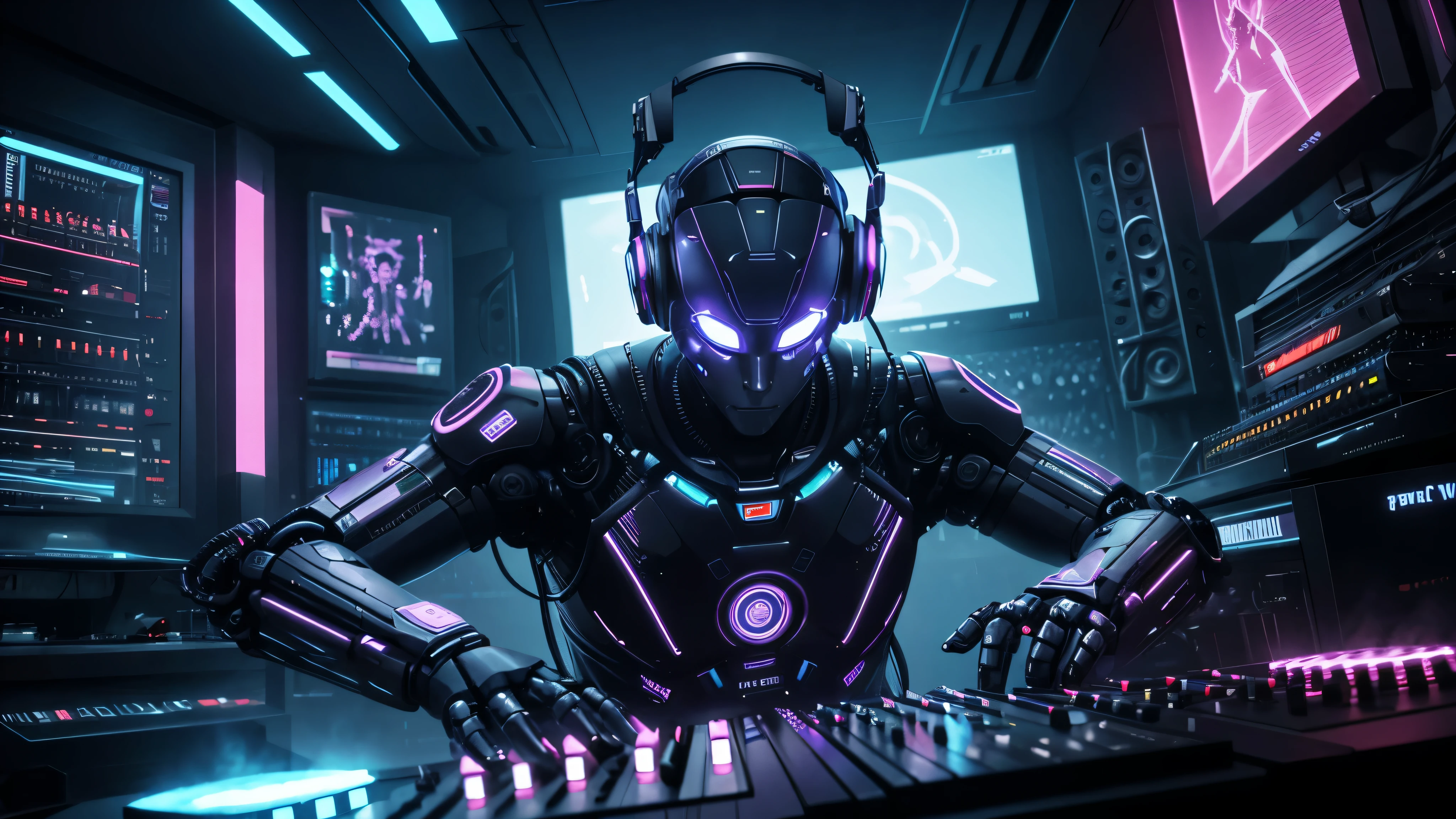 Robot DJ jouant du clavier, robot cyberpunk transhumaniste, intelligence artificielle forte, porter un casque musical sur la tête, Realistic image, ultra detail, Studio d&#39;enregistrement cyberpunk ultramoderne