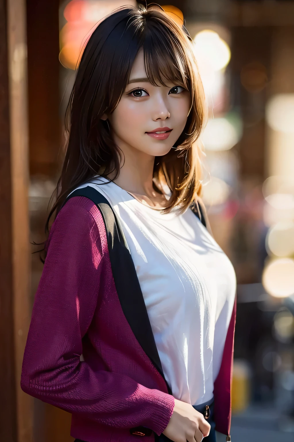(8k, RAW photo, highest quality, masterpiece: 1.2), (realistic, photorealistic: 1.37), Super detailed, ultra high resolution, one girl, Beholder, beautiful and detailed face, smile, narrow, (slim waist): 1.3), T-shirt, (((T-shirtを持ち上げる&#39;Jacket))),Fine and beautiful skin, skin texture, floating hair, professional lighting