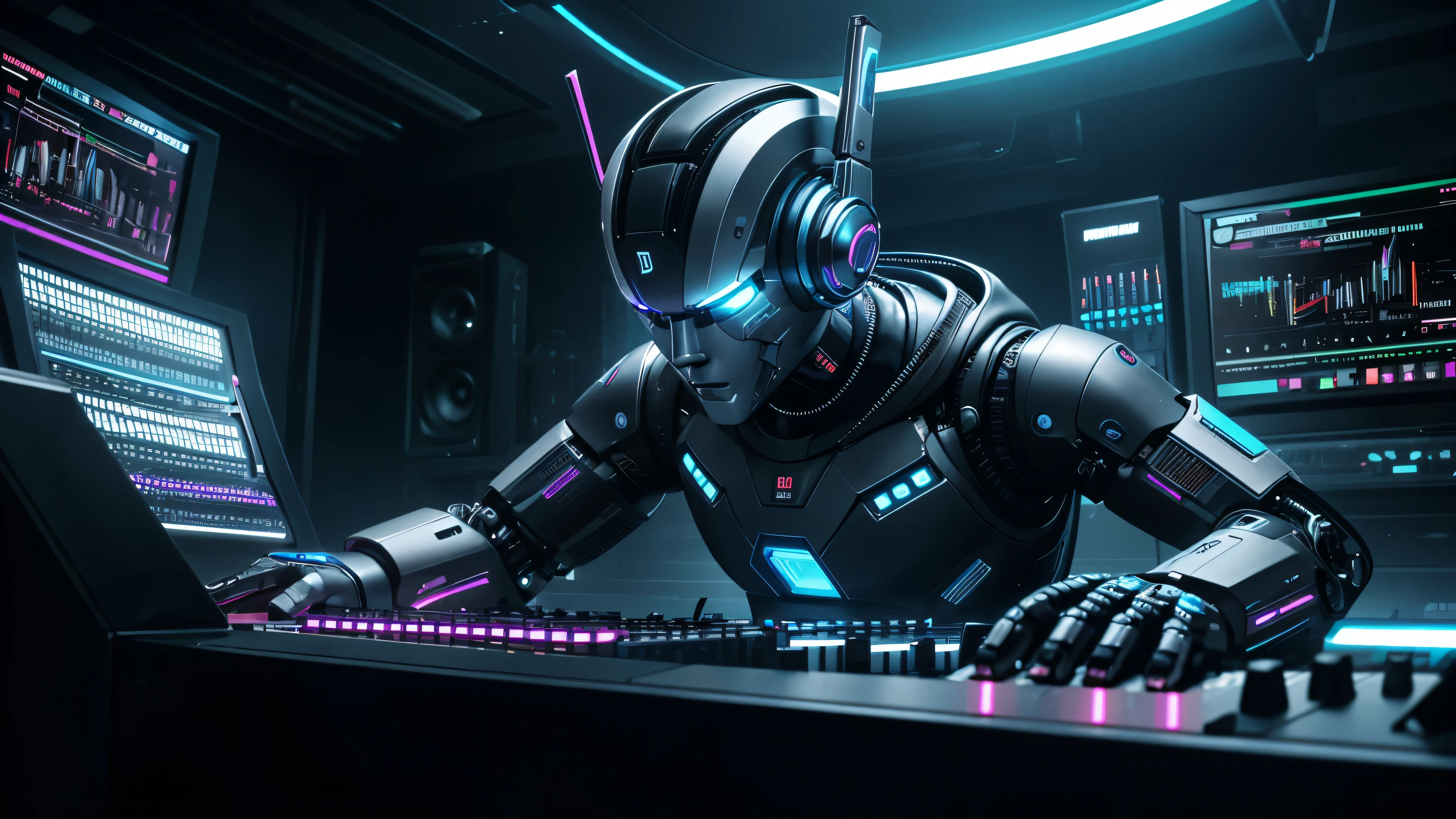 Robot DJ jouant du clavier, robot cyberpunk transhumaniste, intelligence artificielle forte, porter un casque musical sur la tête, Realistic image, ultra detail, Studio d&#39;enregistrement cyberpunk ultramoderne