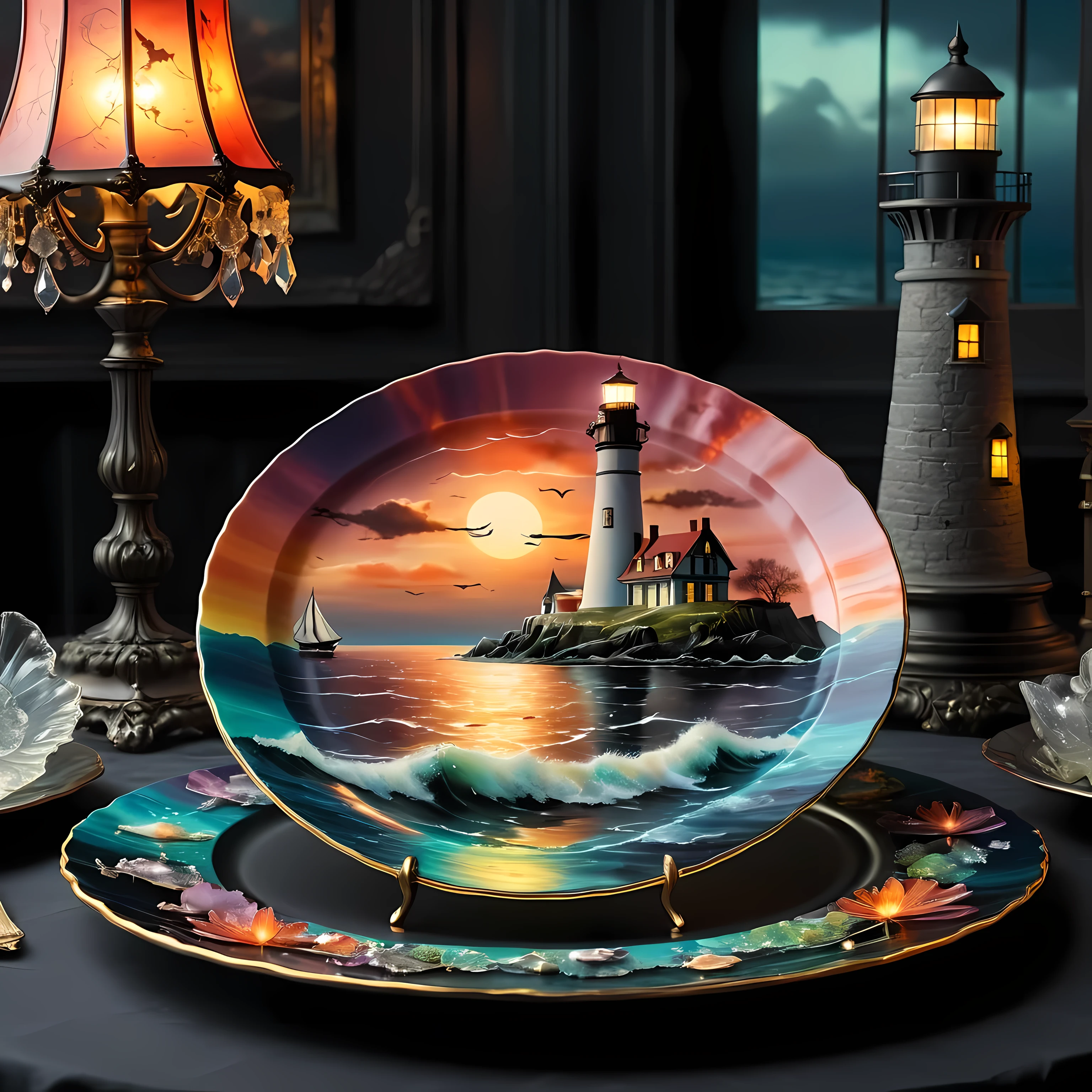 Masterpiece in maximum 16K resolution, superb quality, close up of an elegant plate with an image of an eerie marine scene with an otherworldly lighthouse, vintage look, the plate iade of finest crystals) and positioned on an empty black table with gothic patters, colorful. | ((More_Detail))
