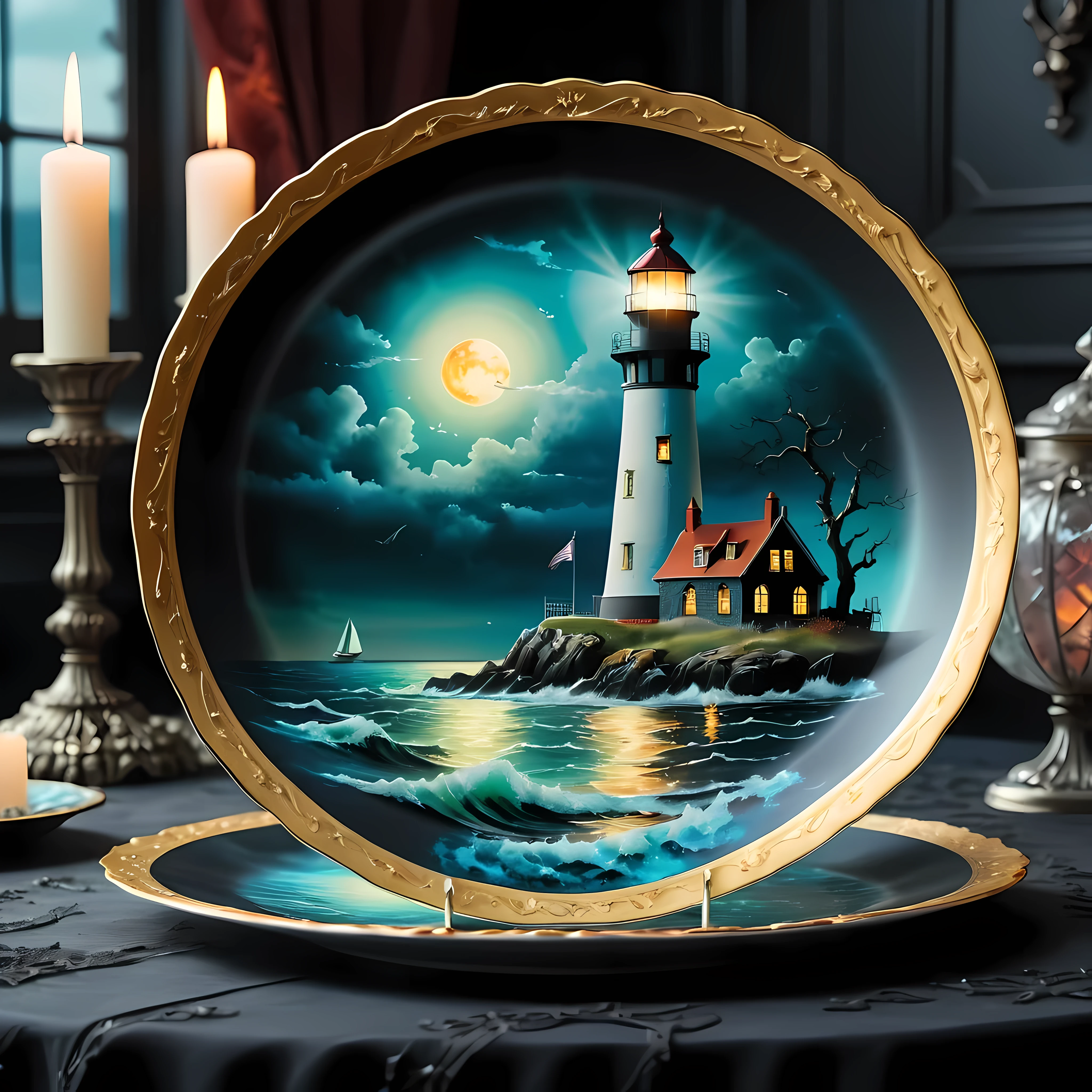 Masterpiece in maximum 16K resolution, superb quality, close up of an elegant plate with an image of an eerie marine scene with an otherworldly lighthouse, vintage look, the plate iade of finest crystals) and positioned on an empty black table with gothic patters, colorful. | ((More_Detail))
