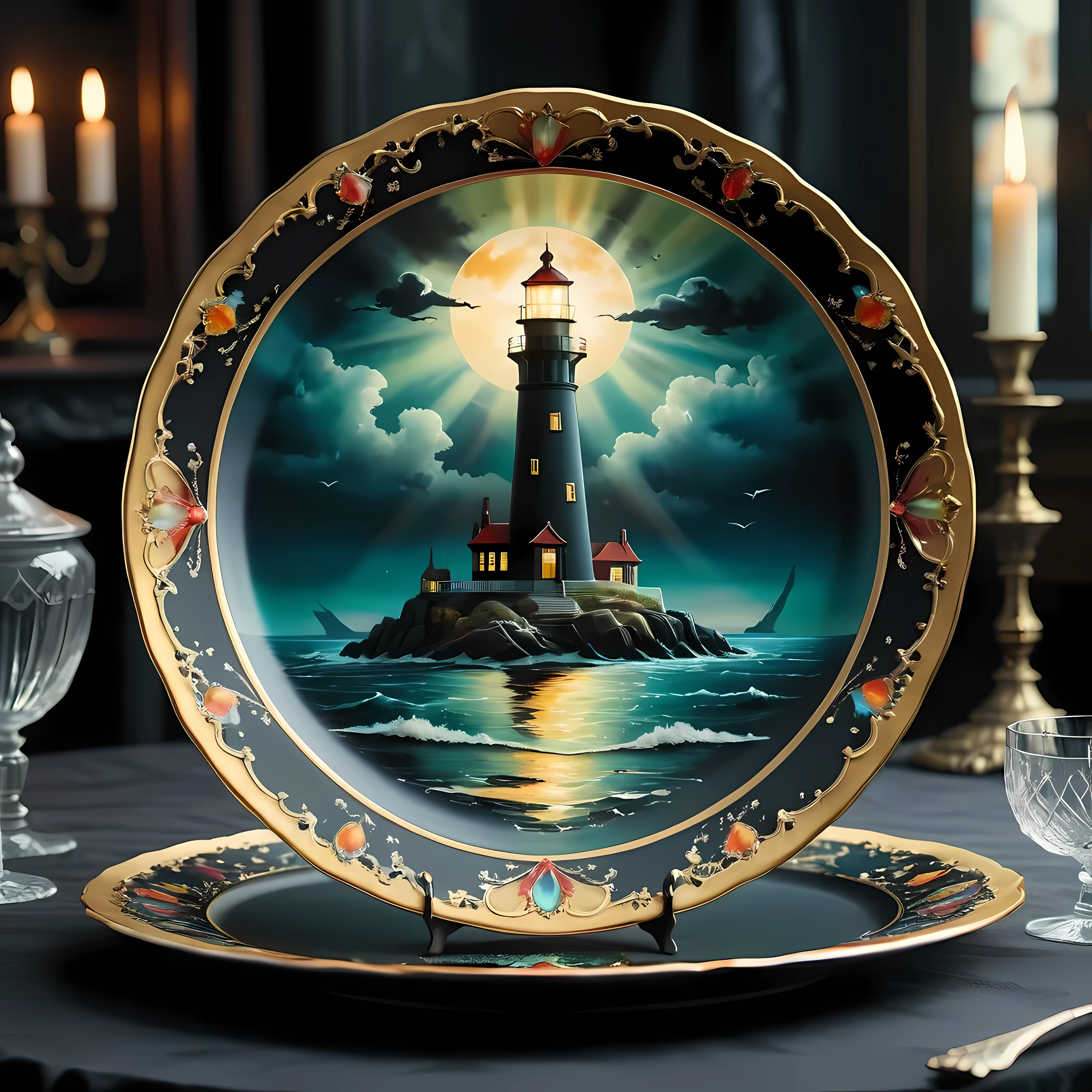 Masterpiece in maximum 16K resolution, superb quality, close up of an elegant plate with an image of an eerie marine scene with an otherworldly lighthouse, vintage look, the plate iade of finest crystals) and positioned on an empty black table with gothic patters, colorful. | ((More_Detail))
