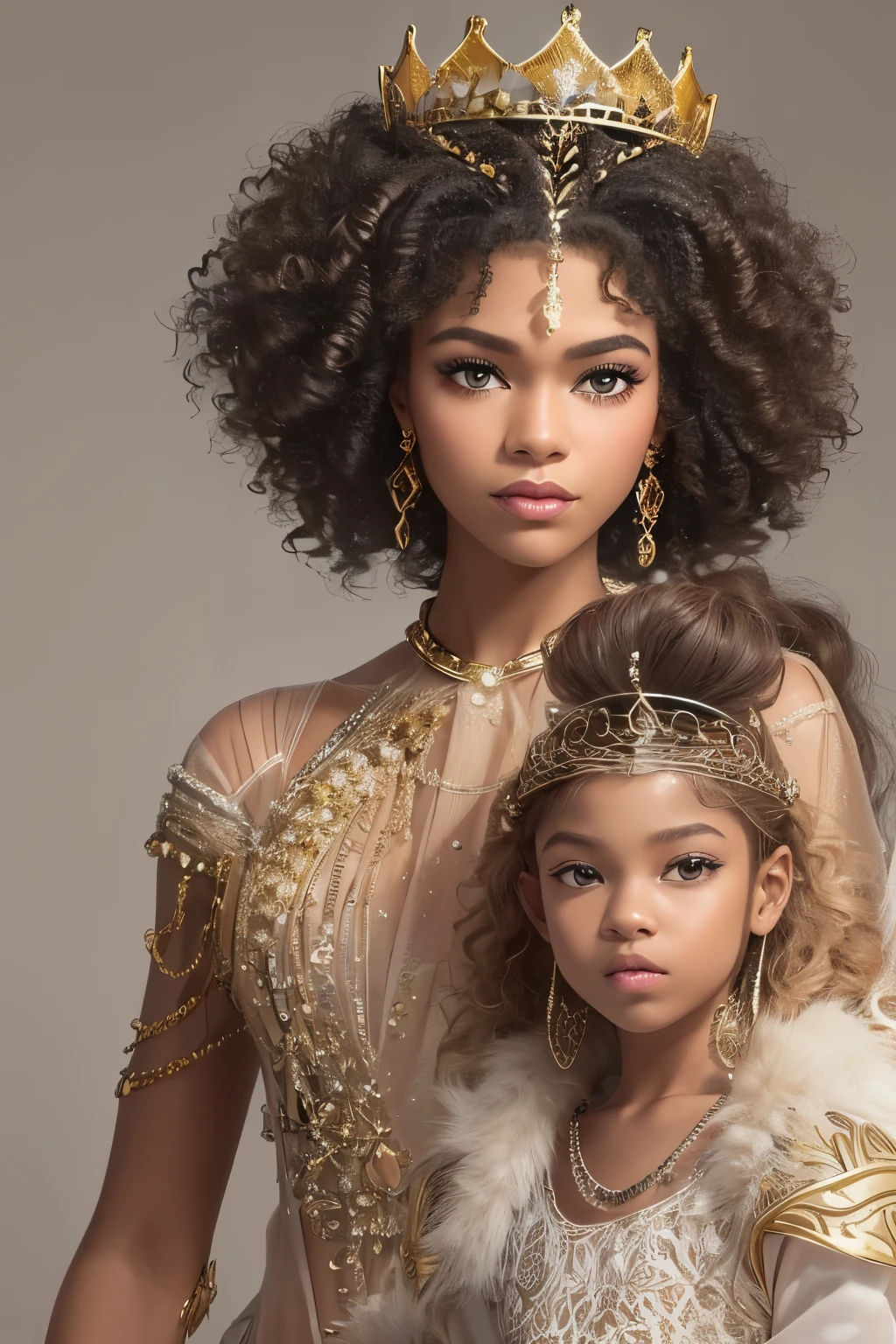 reine noire avec sa fille, (((Peau sombre))), reine comme Zendaya, Zendaya adulte avec sa fille, curly hair, African queen with long curly hair, daughter has blond curly hair, Coiffure mignonne, Robe de luxe, (((crowned queen))), (((crowned princess)))
