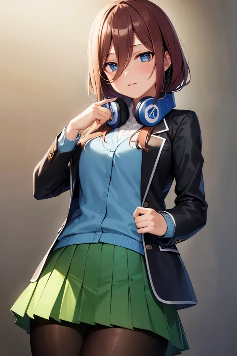 masterpiece, best quality, highres, nm1, headphones around neck, school uniform, long sleeves, blue cardigan, green skirt, panty...