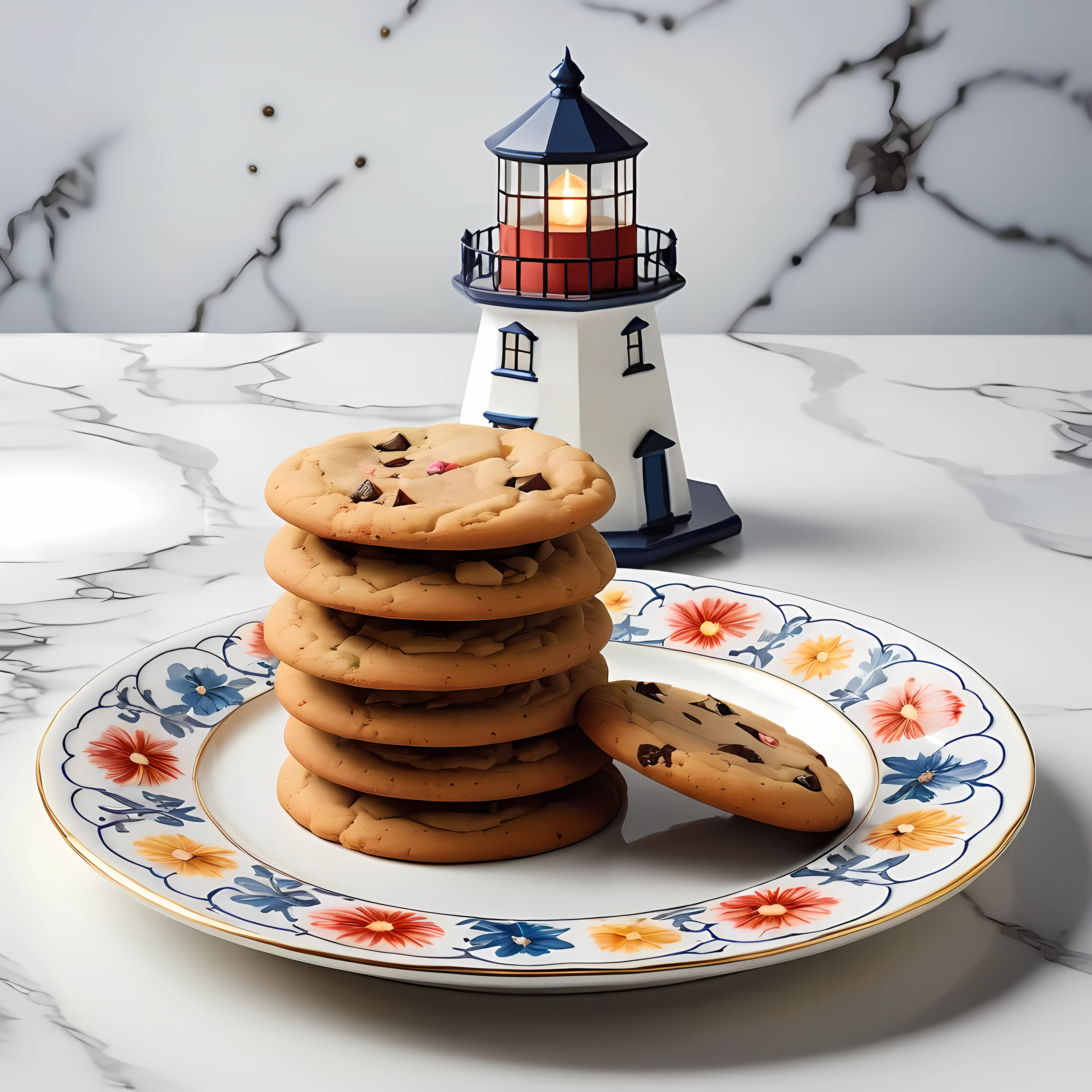 Masterpiece in maximum 16K resolution, superb quality, close up of an elegant plate with an image of an eerie marine scene with an otherworldly lighthouse, vintage look, the plate iade of finest crystals) and positioned on an empty black table with gothic patters, colorful. | ((More_Detail))
