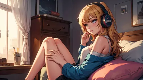 a beautiful woman listens to music in headphones in her room

