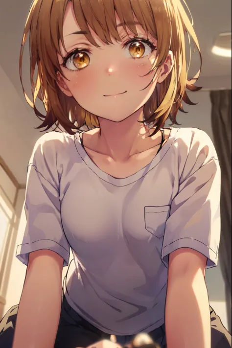 irohaisshiki, iroha isshiki, short hair, brown hair, (brown eyes:1.5), smile,looking at the viewer, heart-shaped eyes,  blush，show viewer, from below, concentrated, Beyond the particles of light, ラブホテルのBedroom, white t-shirt,black string underwear，Medium c...