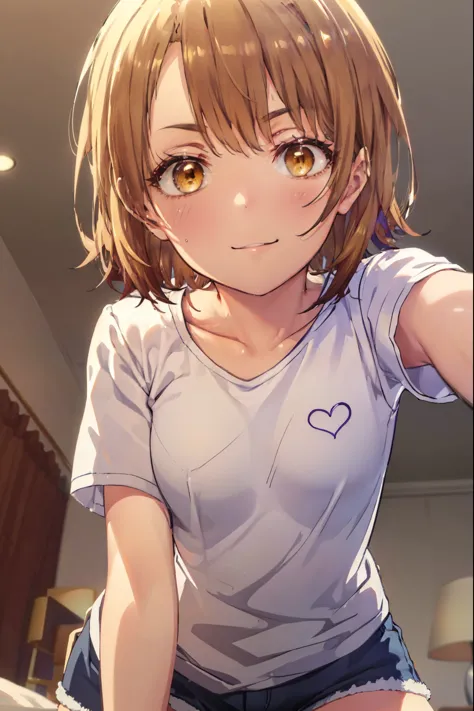 irohaisshiki, iroha isshiki, short hair, brown hair, (brown eyes:1.5), smile,looking at the viewer, heart-shaped eyes,  blush，show viewer, from below, concentrated, Beyond the particles of light, ラブホテルのBedroom, white t-shirt,black string underwear，Medium c...
